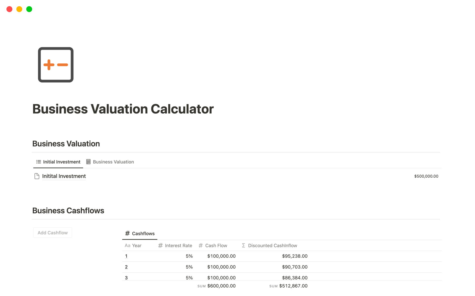 A template preview for Business Valuation Calculator