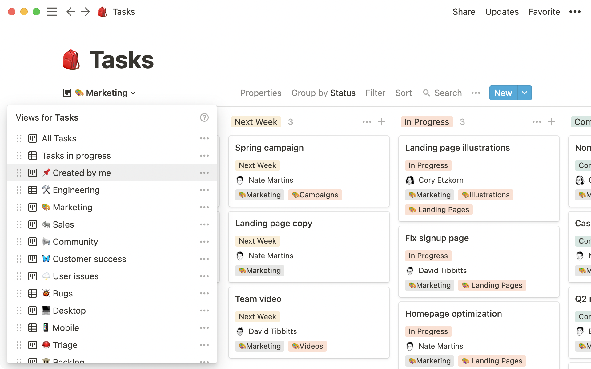 There are many views of the shared tasks database, like views for teams and people. 