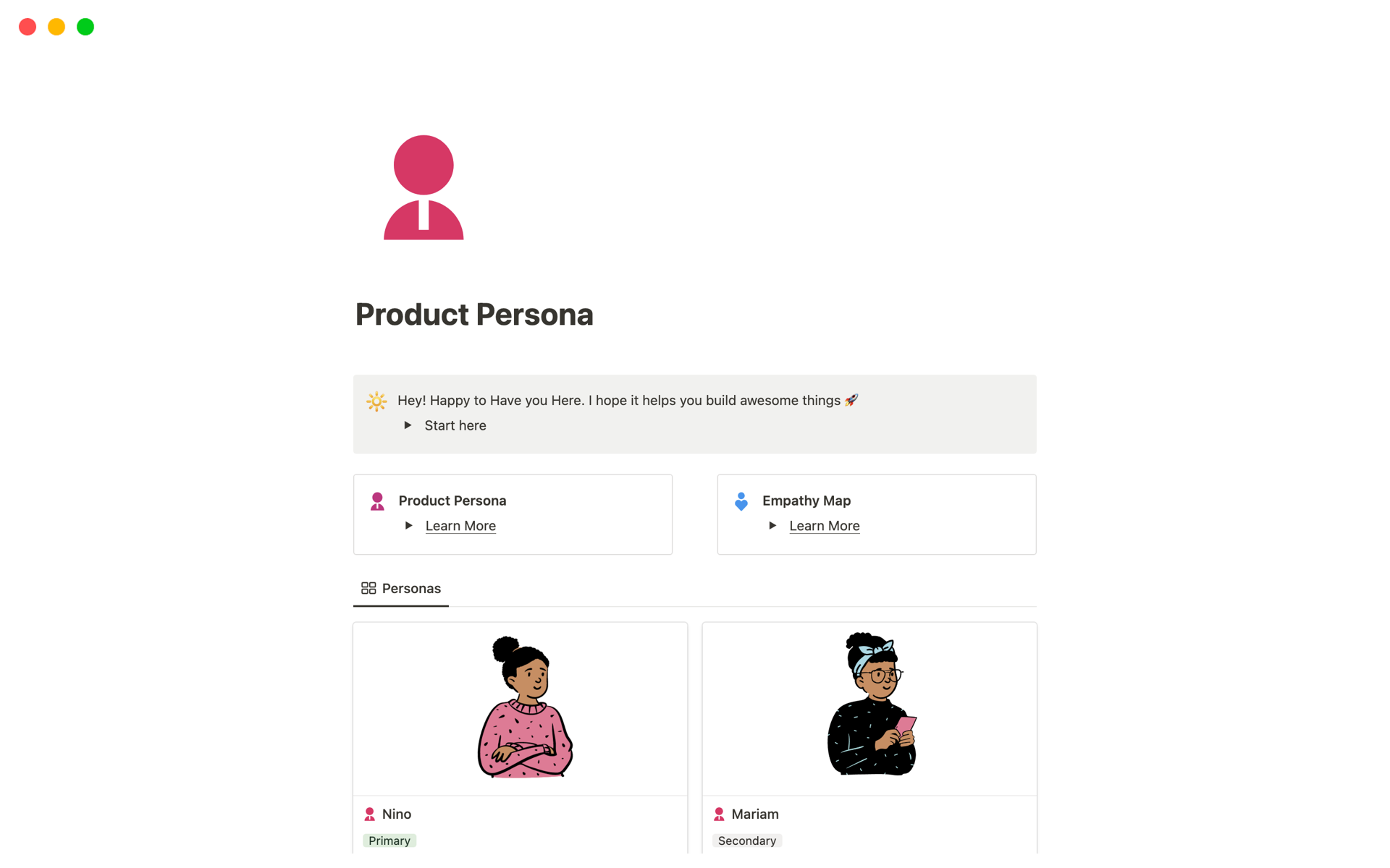A template preview for Product Persona
