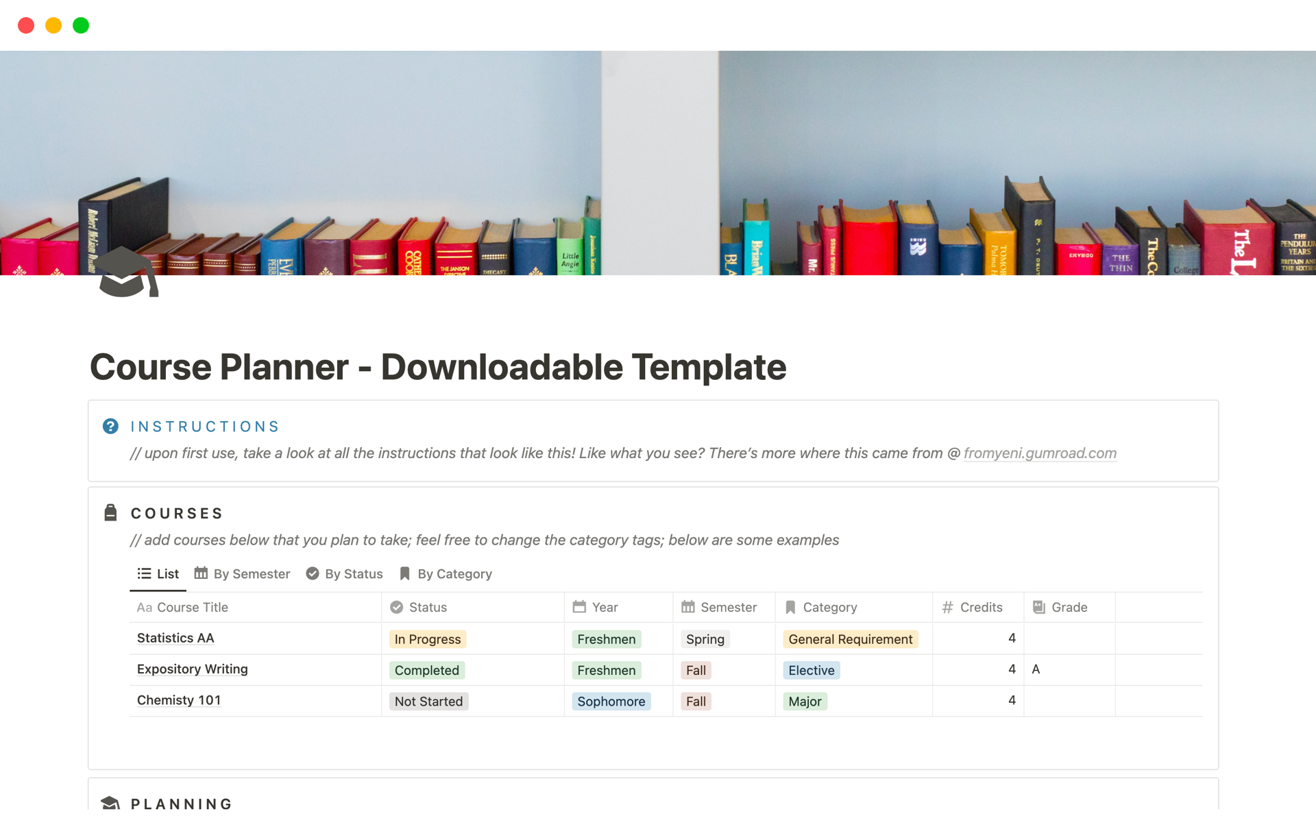 A template preview for Course Planner