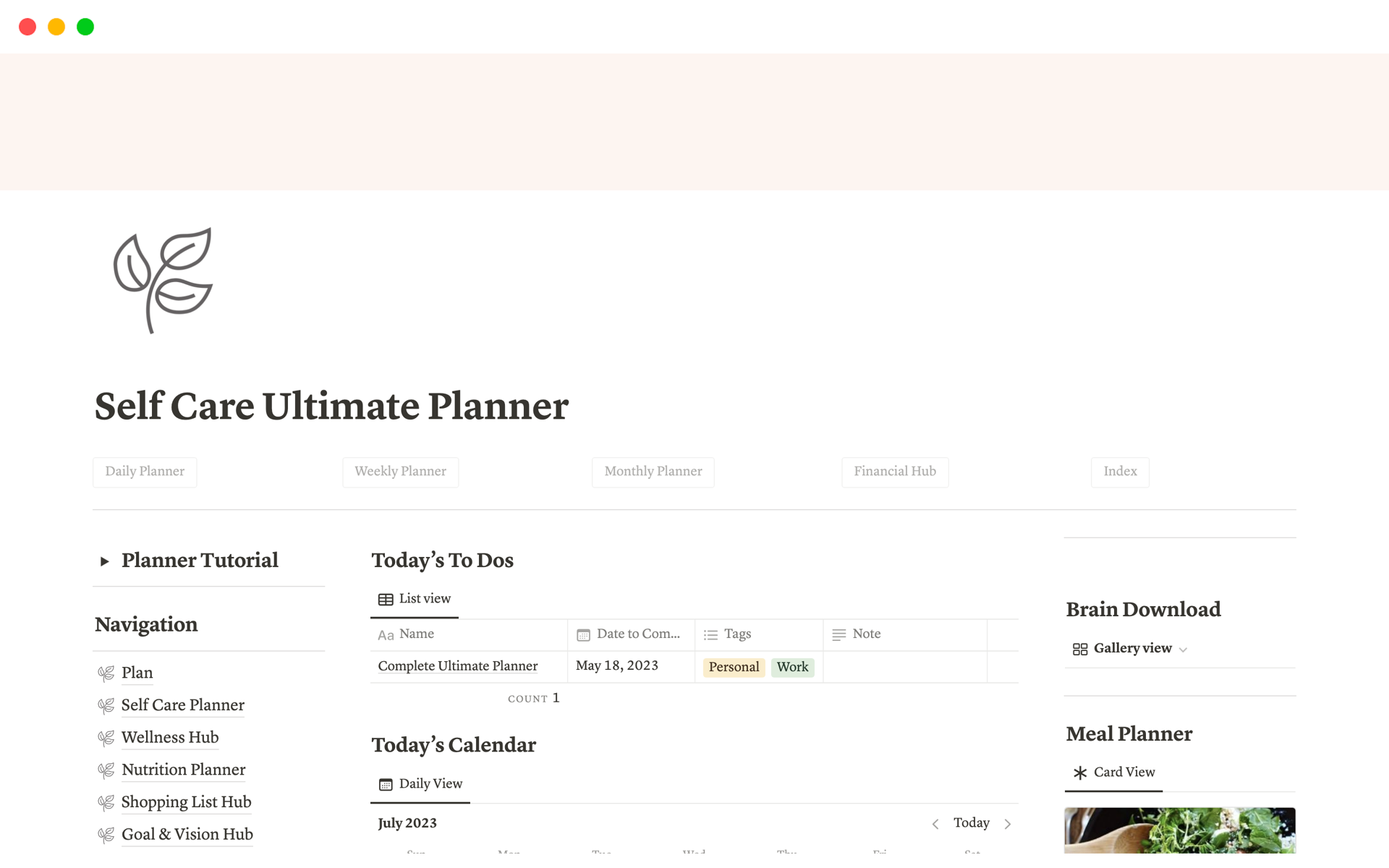 A template preview for Self Care Ultimate Planner