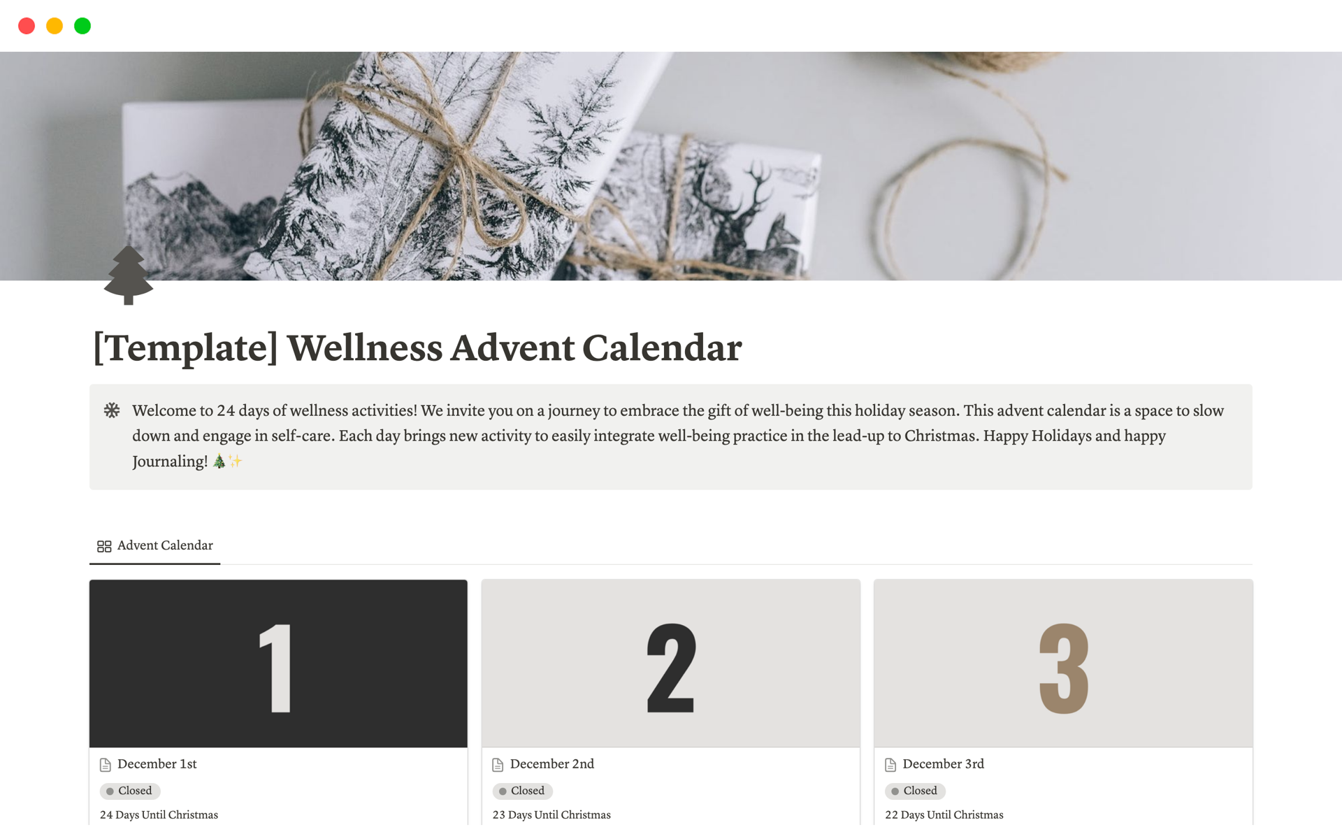 A template preview for Wellness Advent Calendar