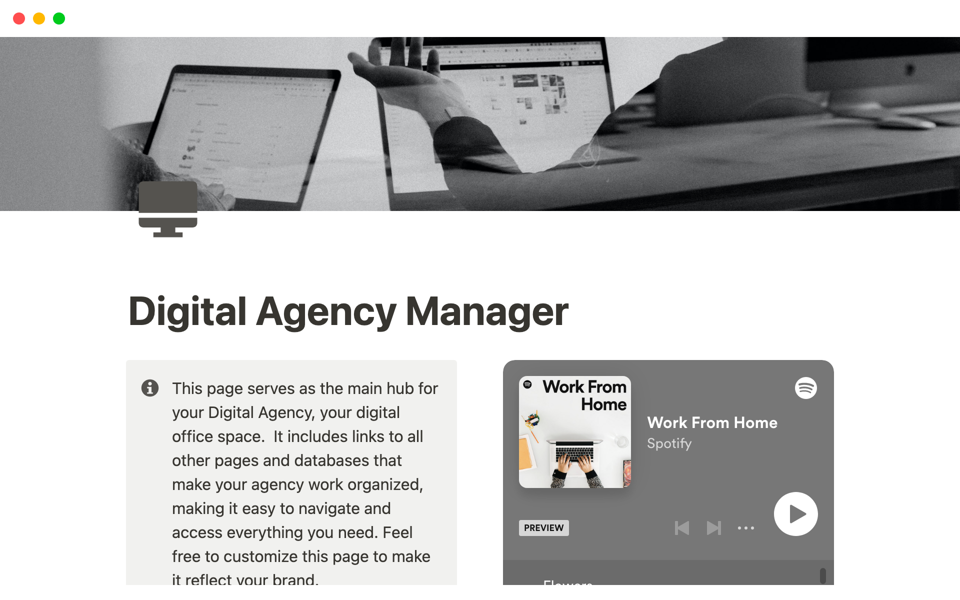 Digital Agency Manager: A customizable Notion template with centralized dashboards, project tracking, financial management tools, and resources to help your agency grow.