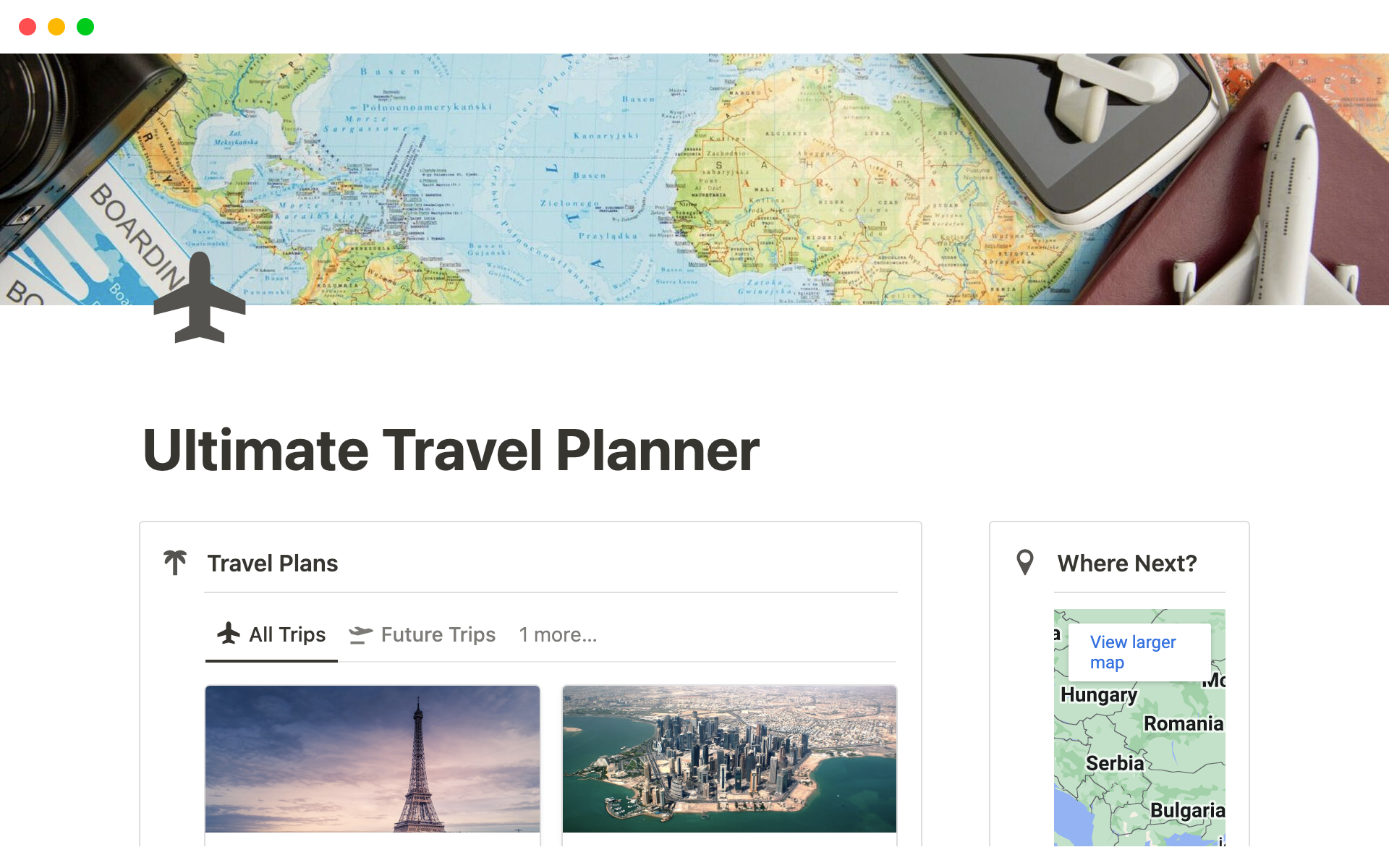 My template is a comprehensive travel planner for organizing trips, tracking expenses, creating itineraries, capturing memories, and providing travel tips.
