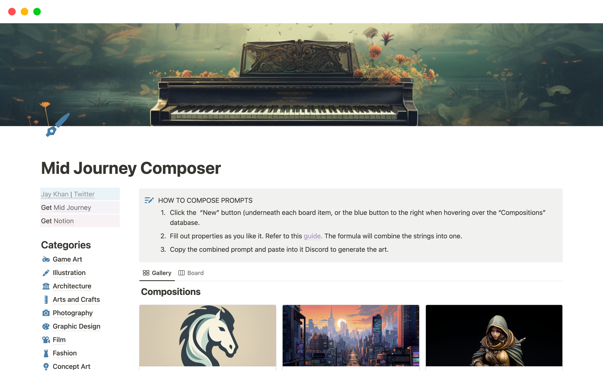 A template preview for Mid Journey Composer