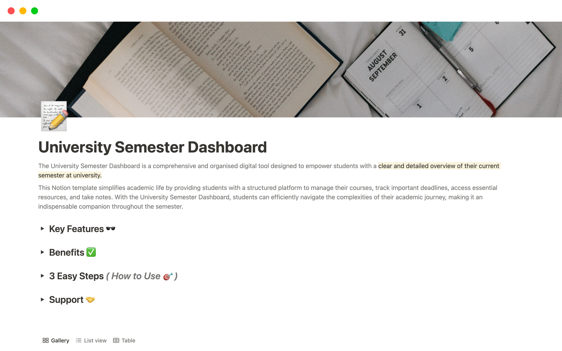 University Semester Dashboard Plantilla de Notion