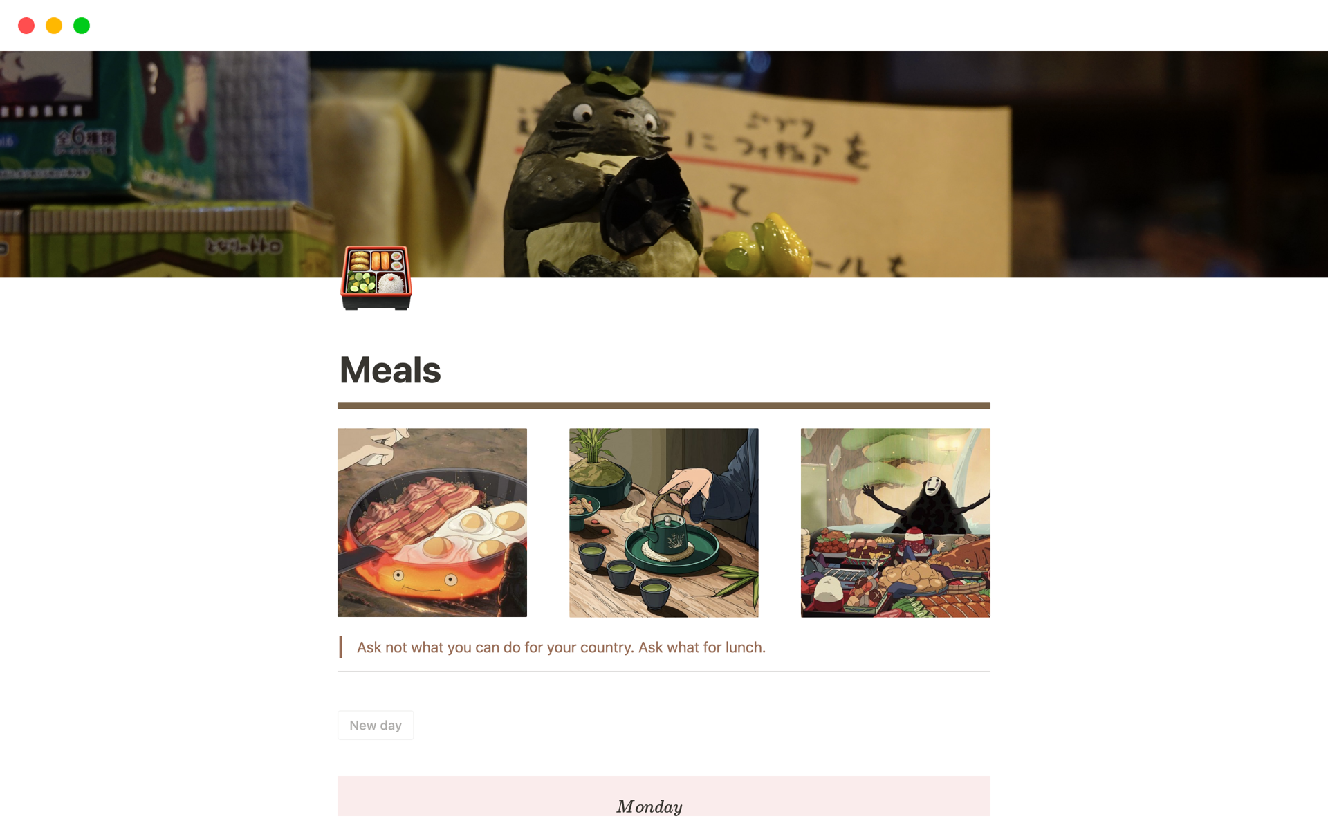 A template preview for Meals