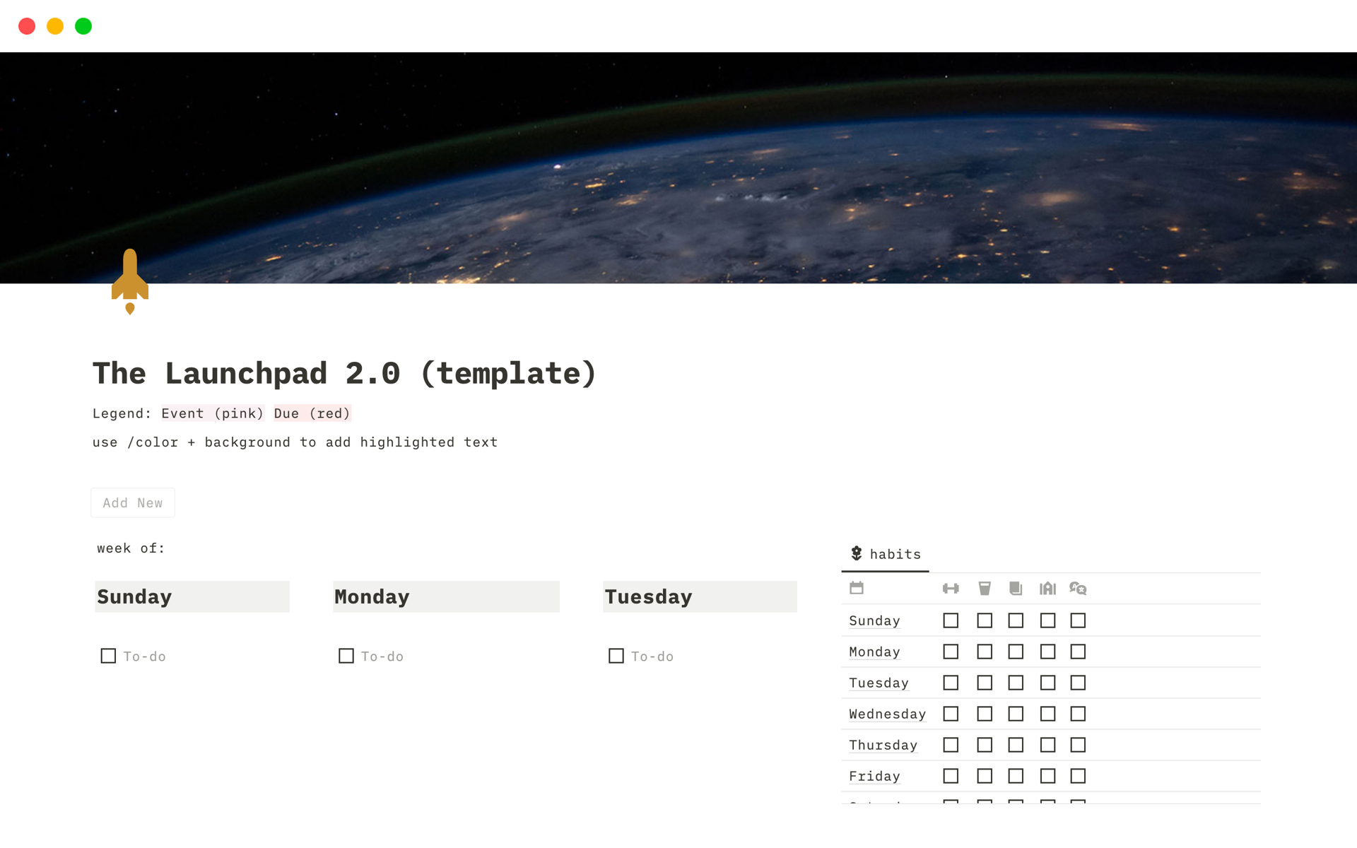 A template preview for The Launchpad 2.0 (daily to-do + habit tracker)