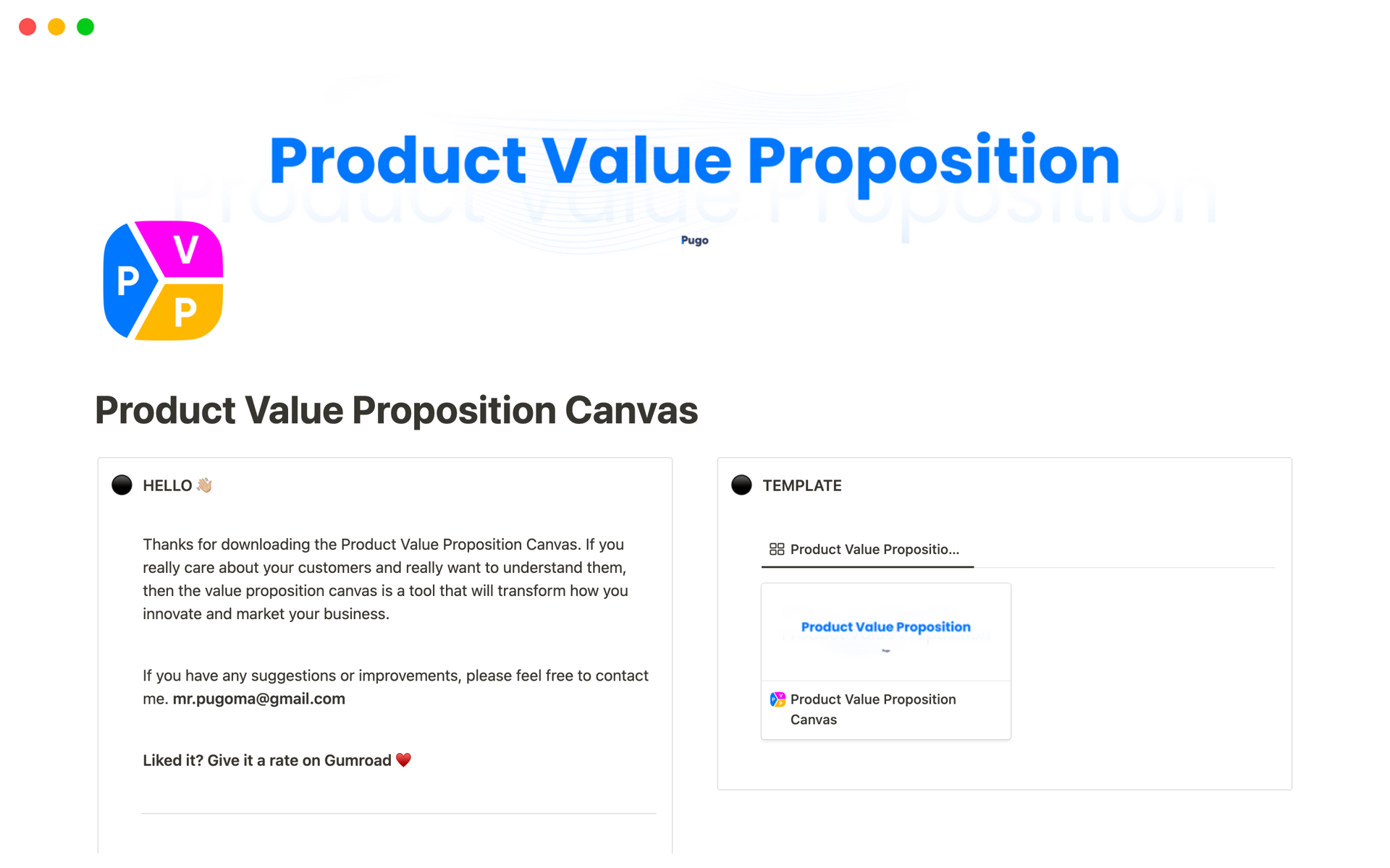 A template preview for Product Value Proposition Canvas