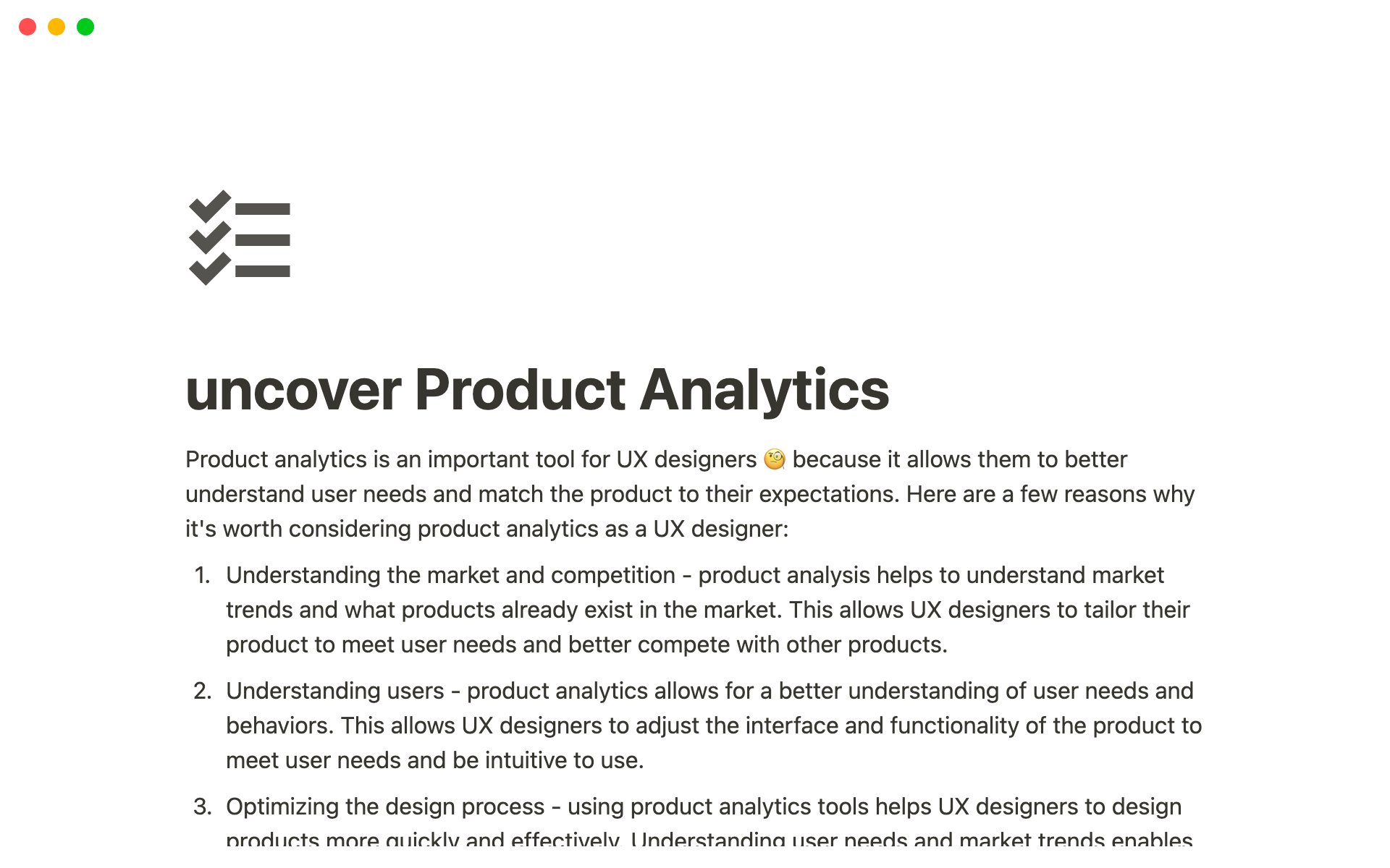 A template preview for uncover Product Analysis