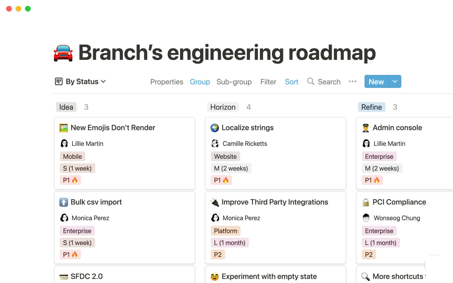 A template preview for Branch's engineering roadmap