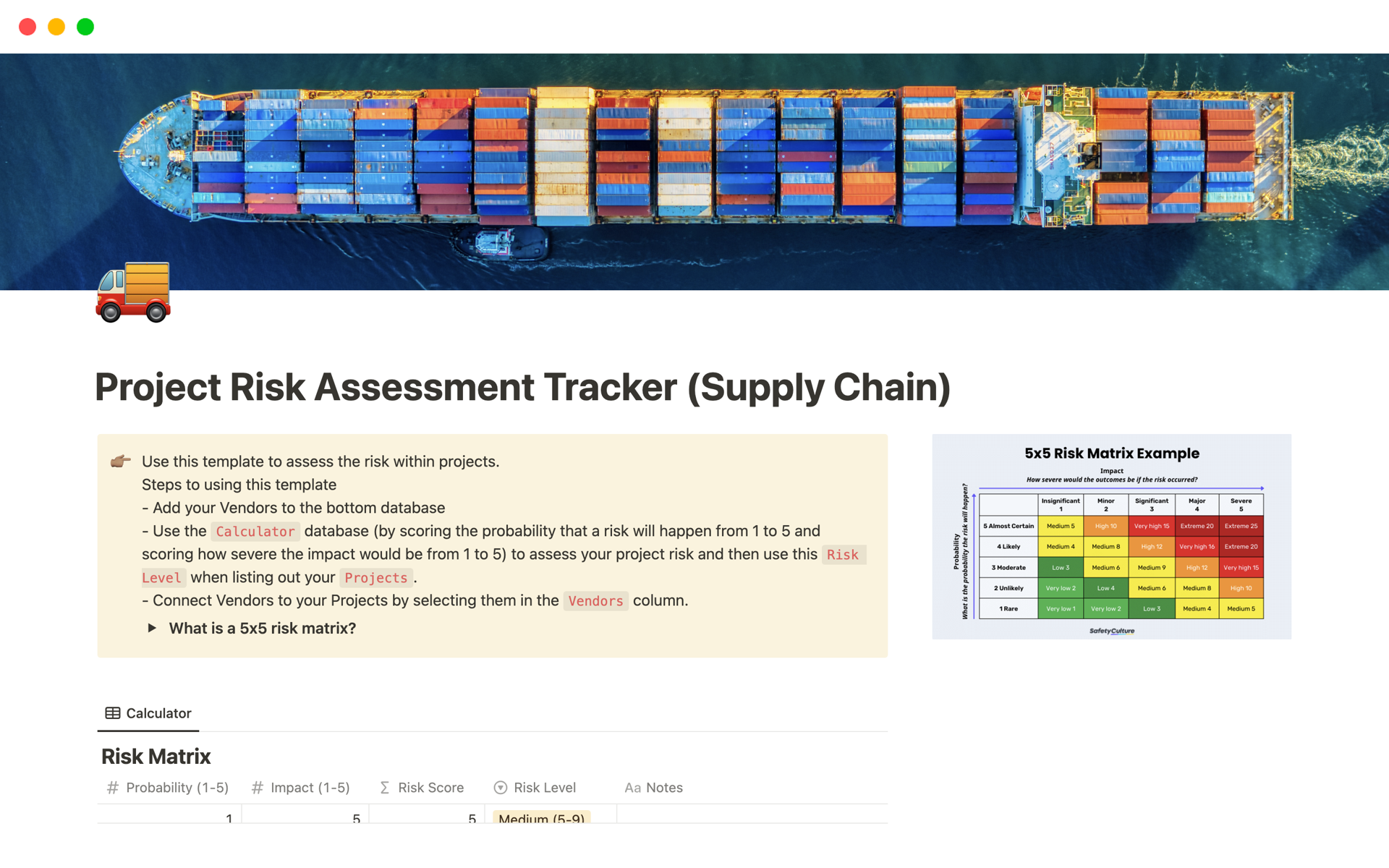 A template preview for Project Risk Assessment Tracker (Supply Chain)