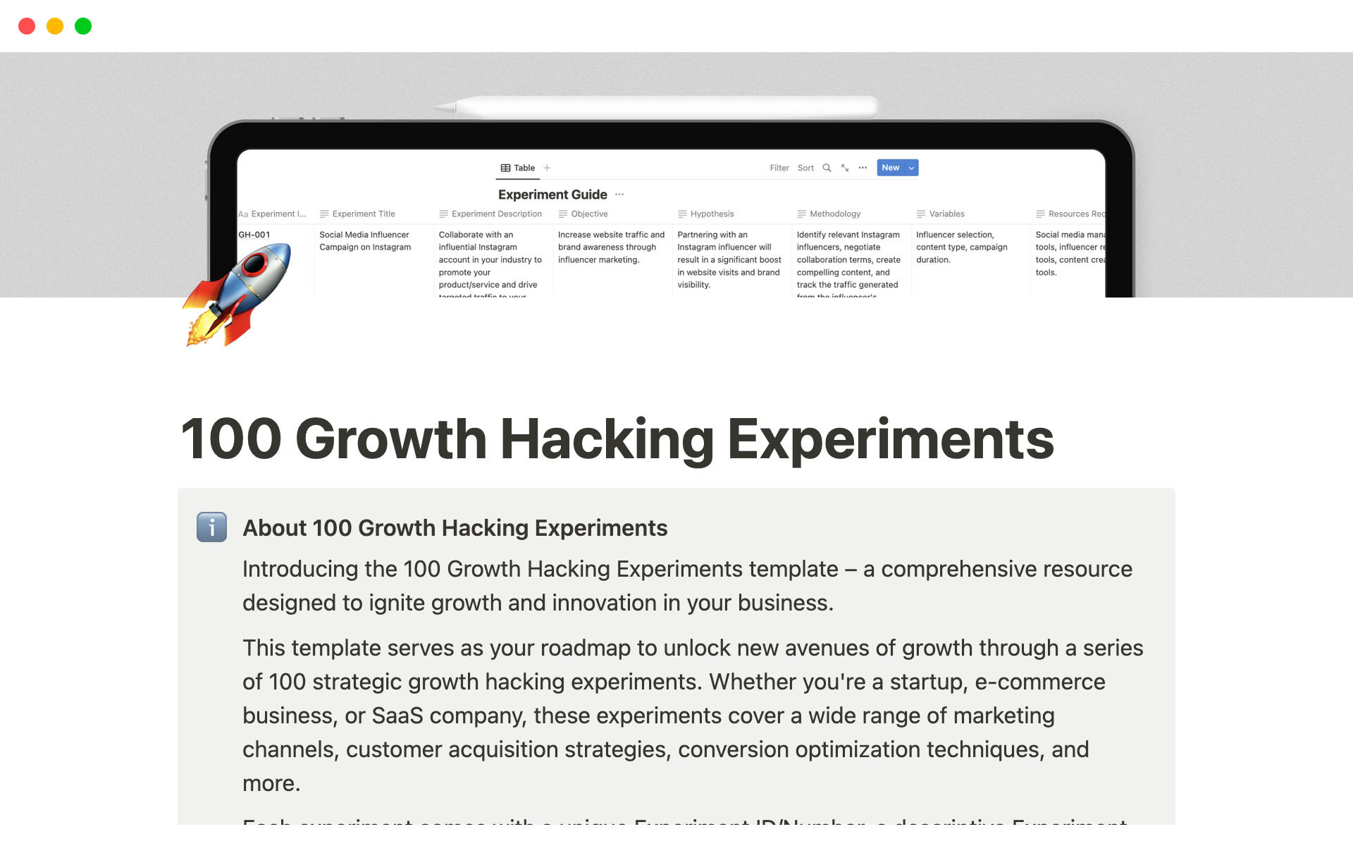 A template preview for 100 Growth Hacking Experiments