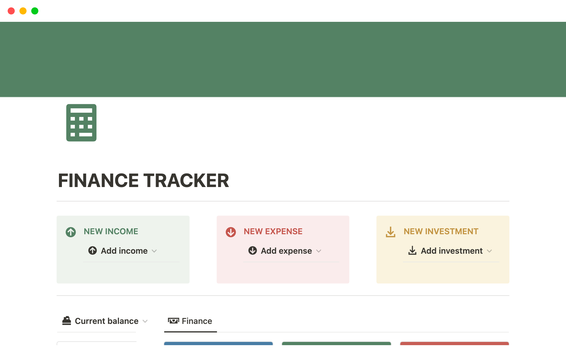 A template preview for Finance Tracker