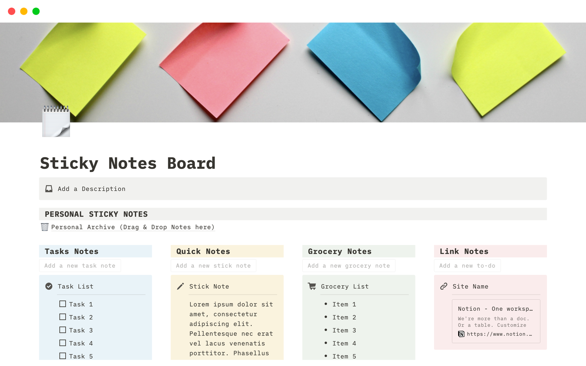 A template preview for Sticky Notes Board