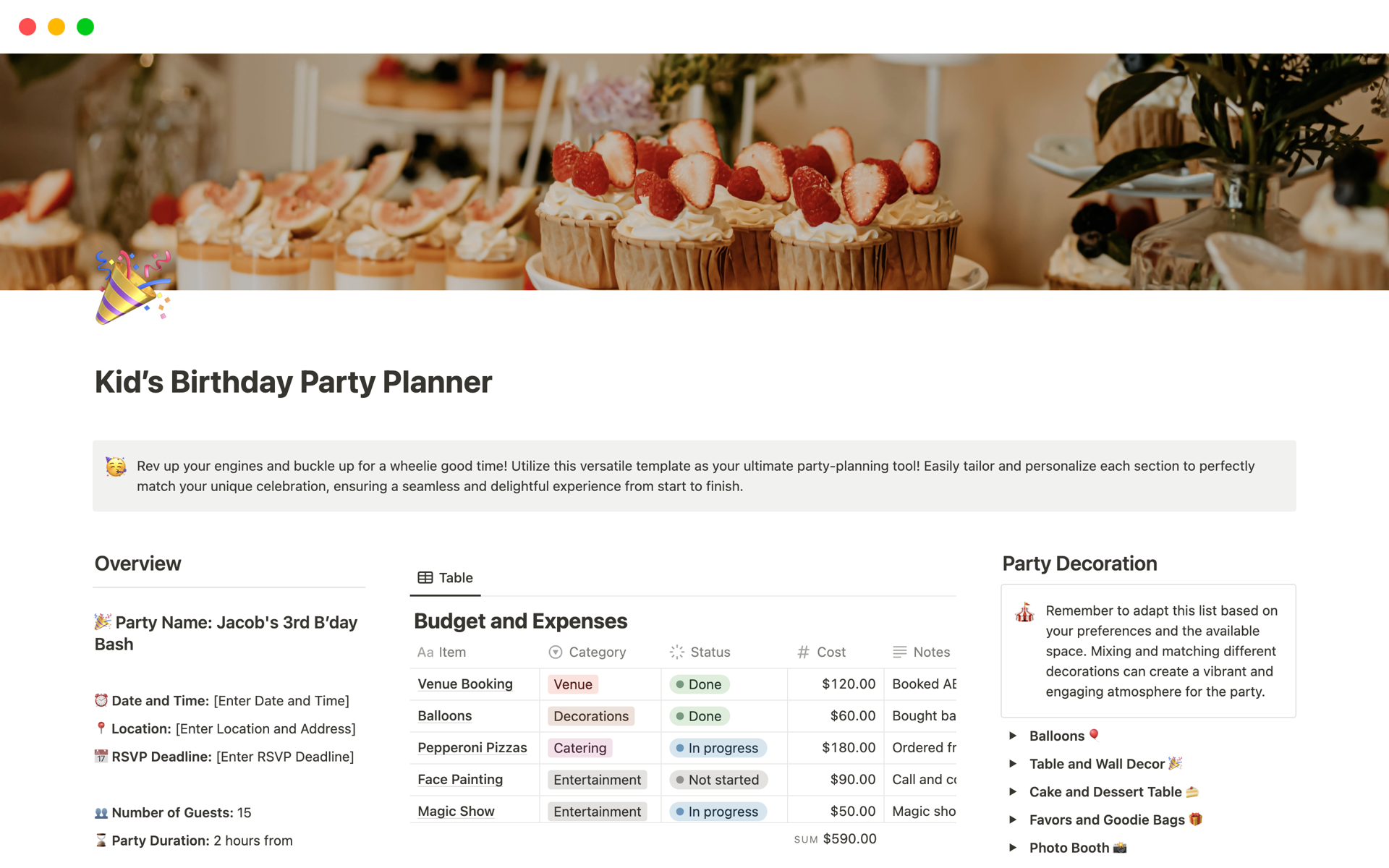 A template preview for Kid’s Birthday Party Planner