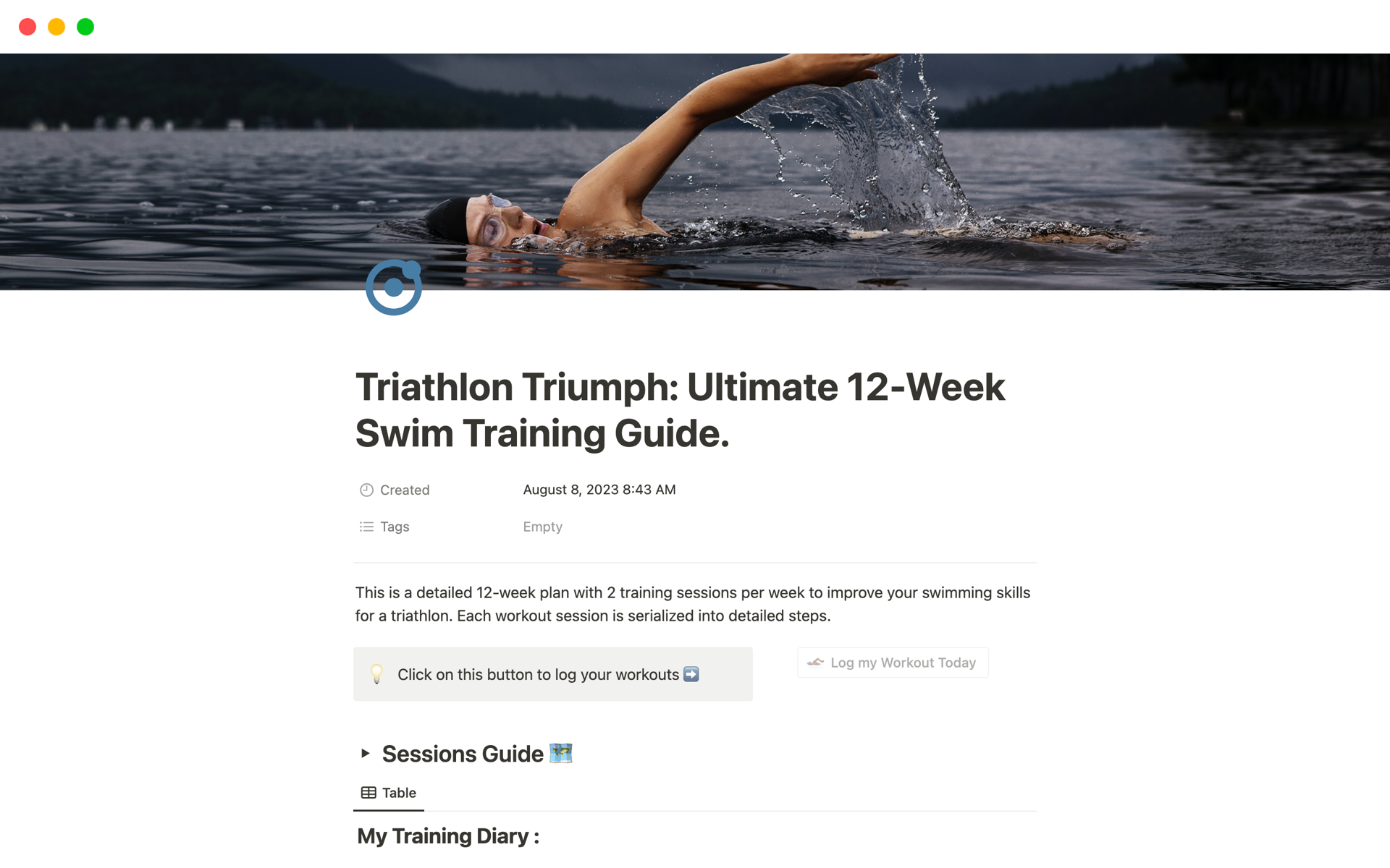 A template preview for Ultimate 12-Week Swim Training Guide