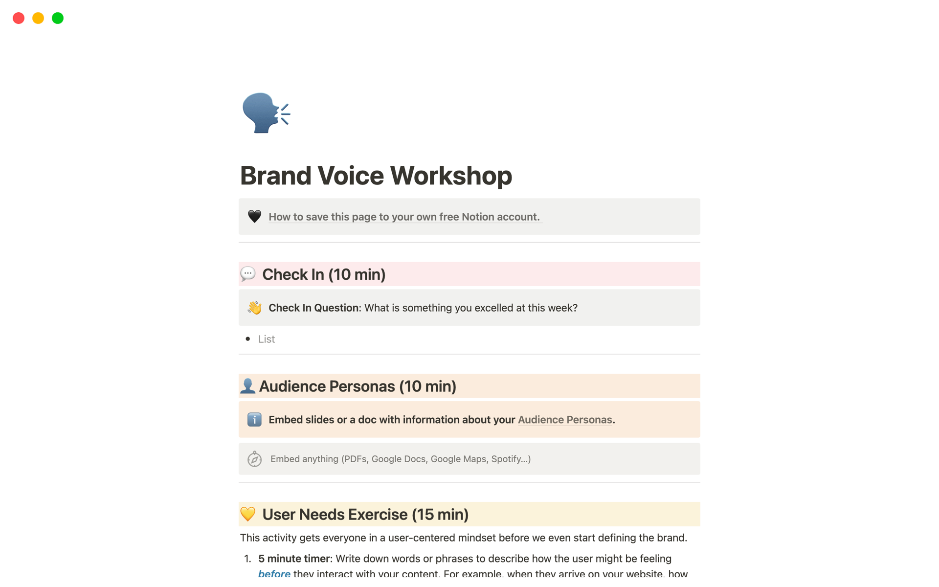 A template preview for Brand Voice Workshop