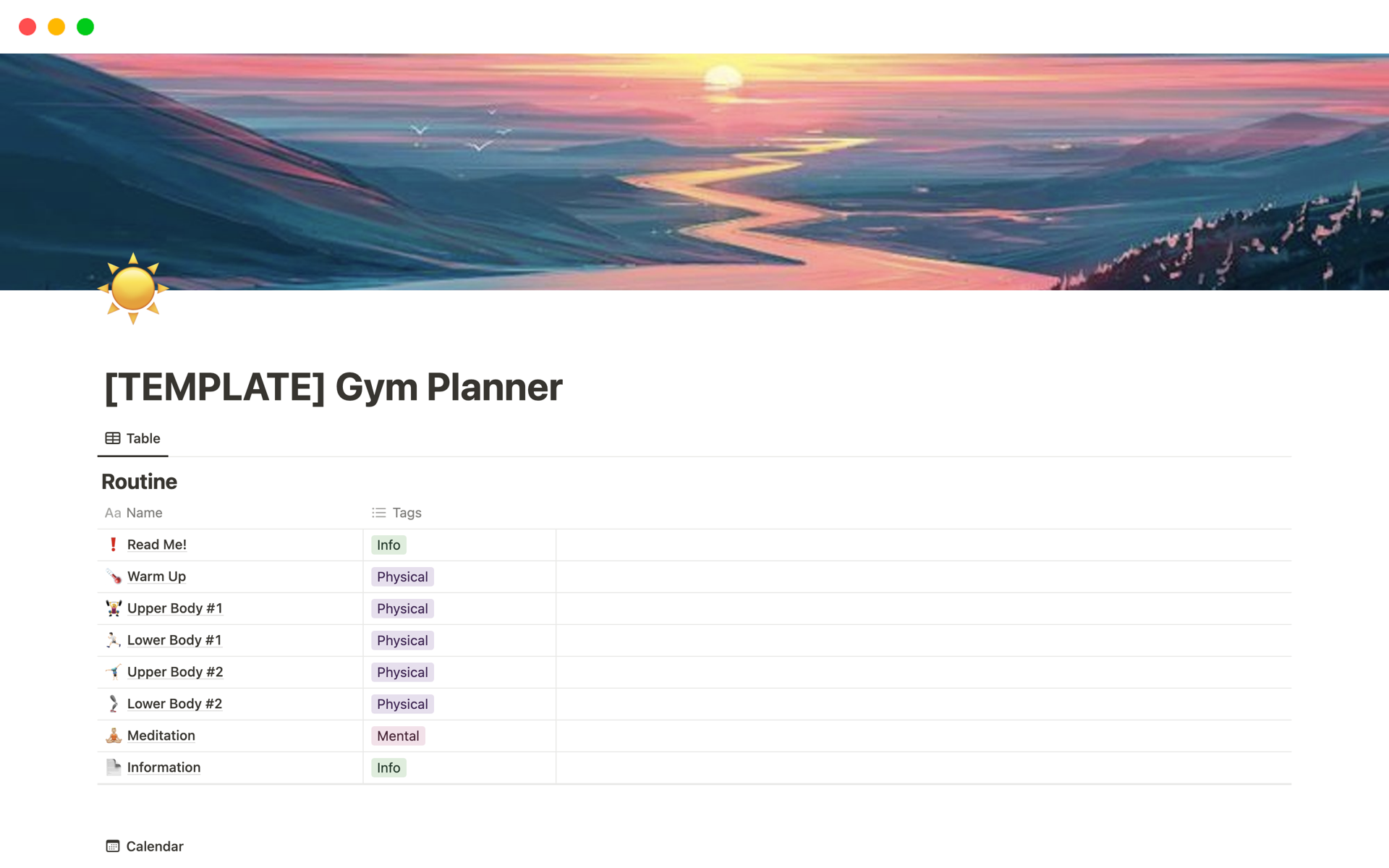 A template preview for Gym Planner 