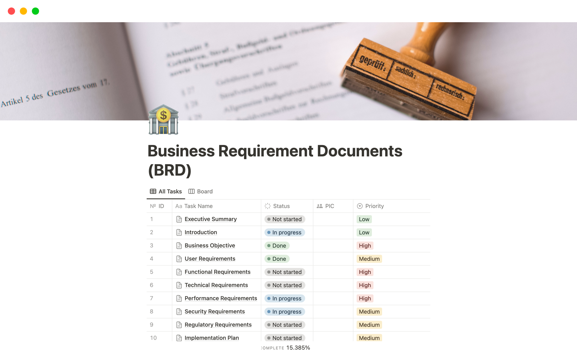 A template preview for Business Requirement Documents (BRD)