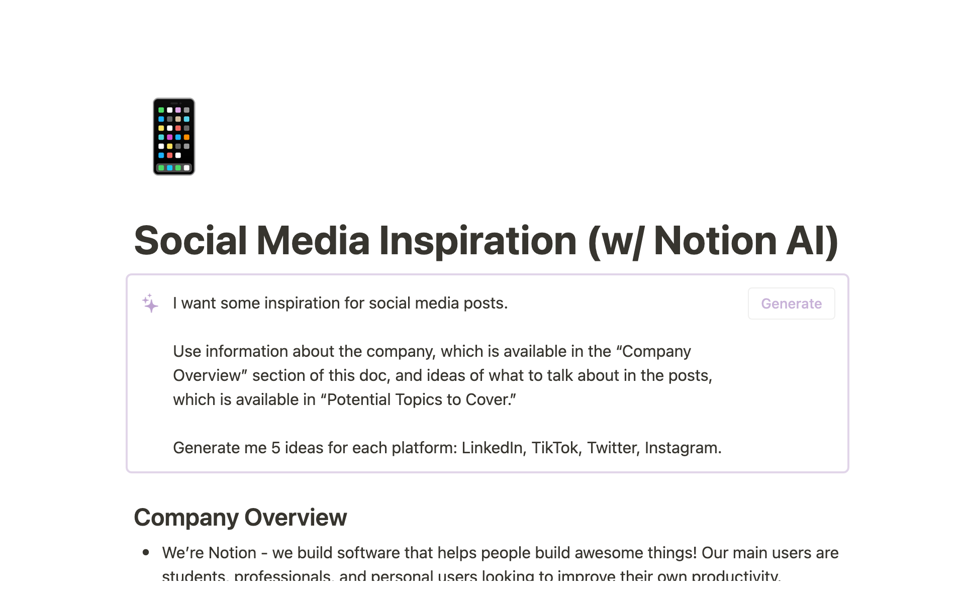 A template preview for Social Media Inspiration (w/ Notion AI)