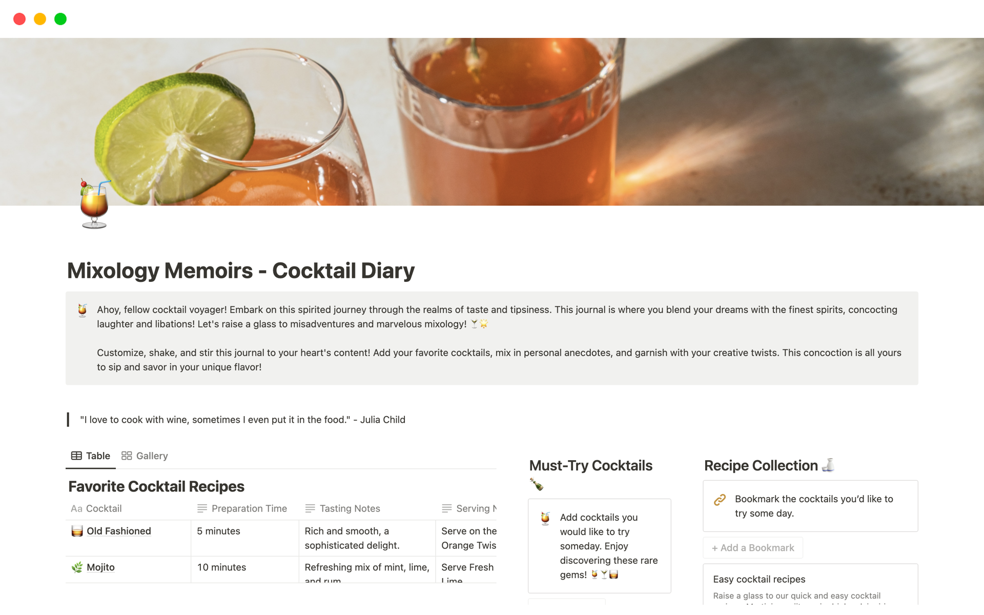 A template preview for Mixology Memoirs - Cocktail Diary