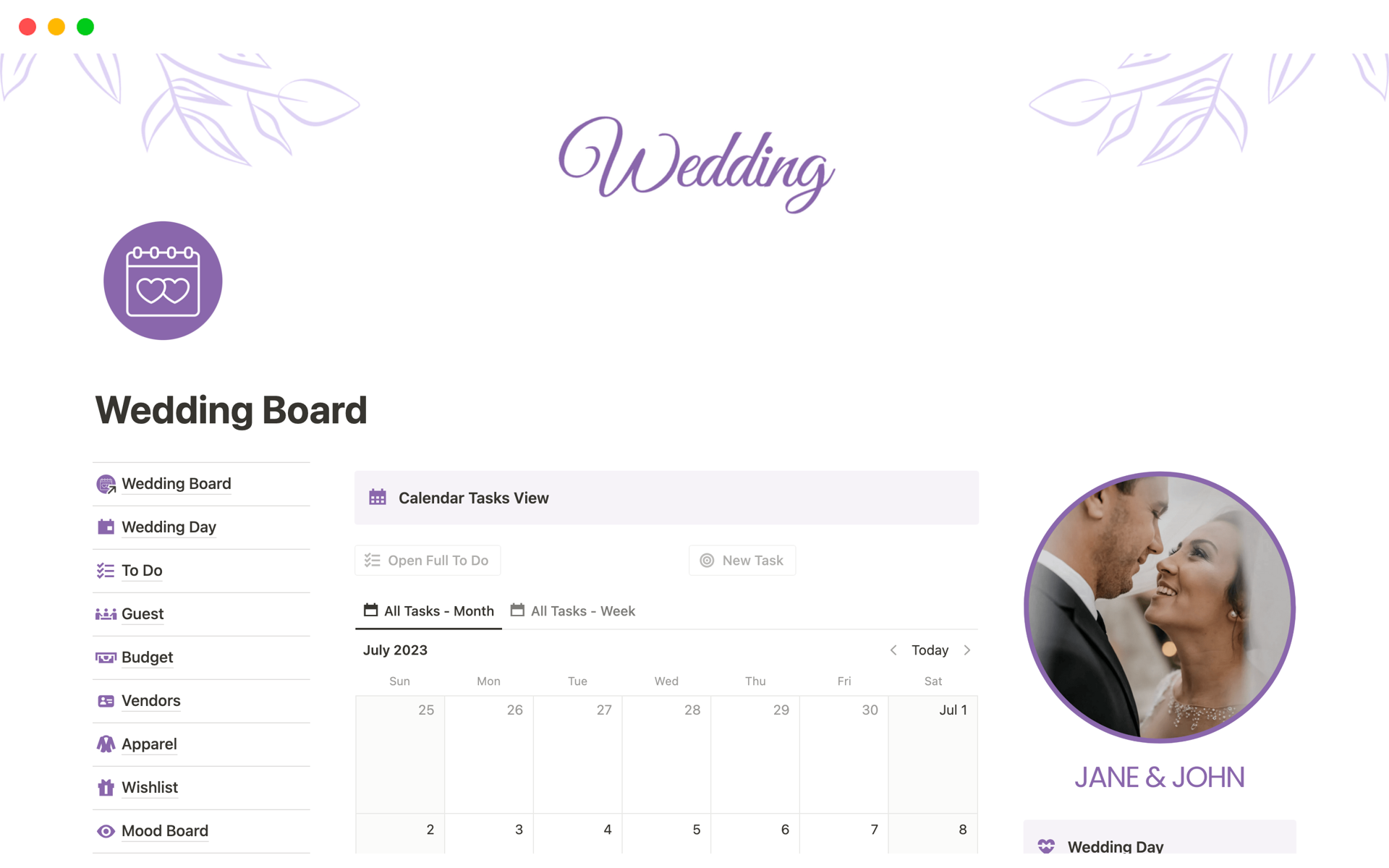 A template preview for All In One Wedding Planner Notion Template