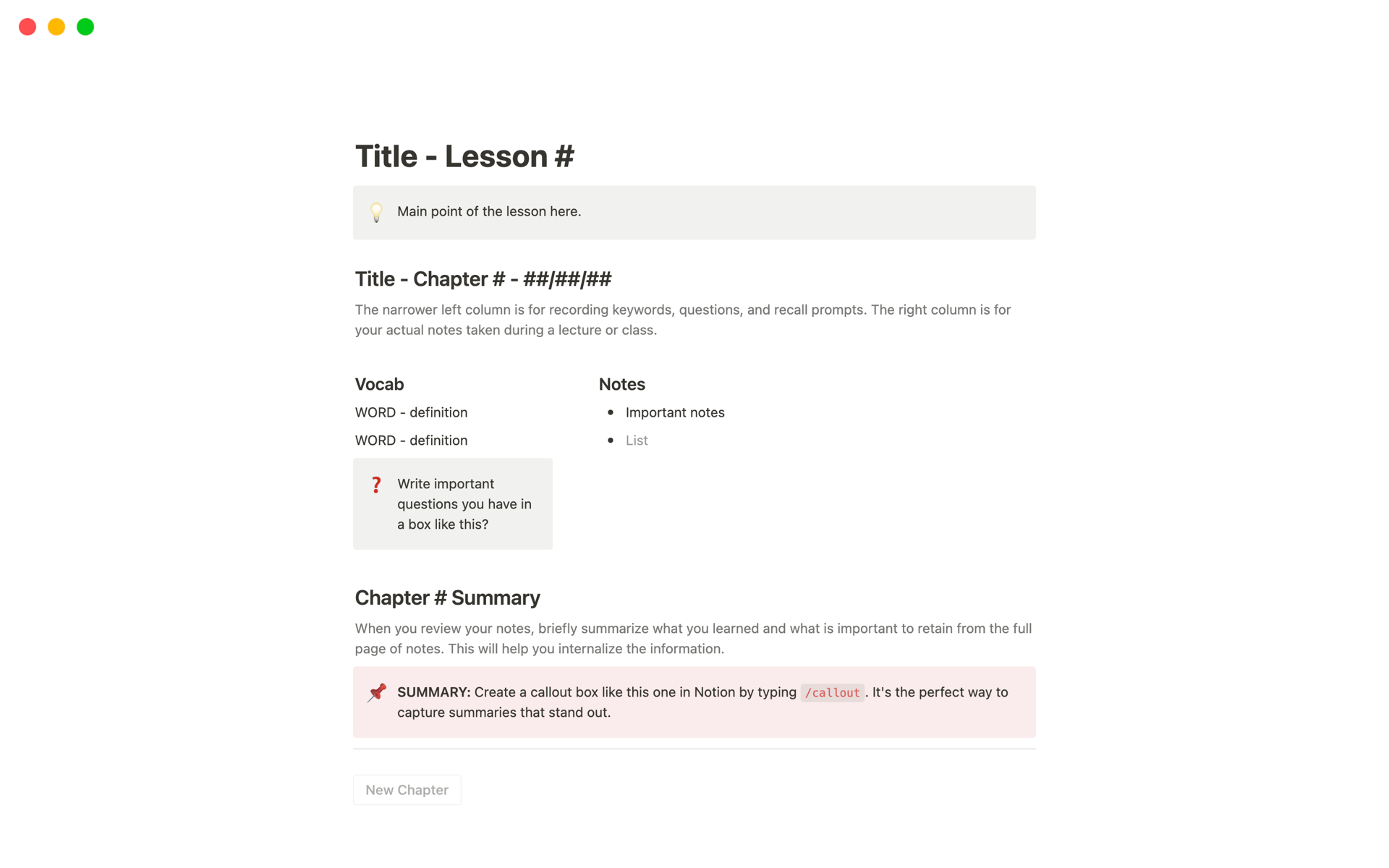 This template is a structured and organized tool for effective note-taking during lectures or classes.