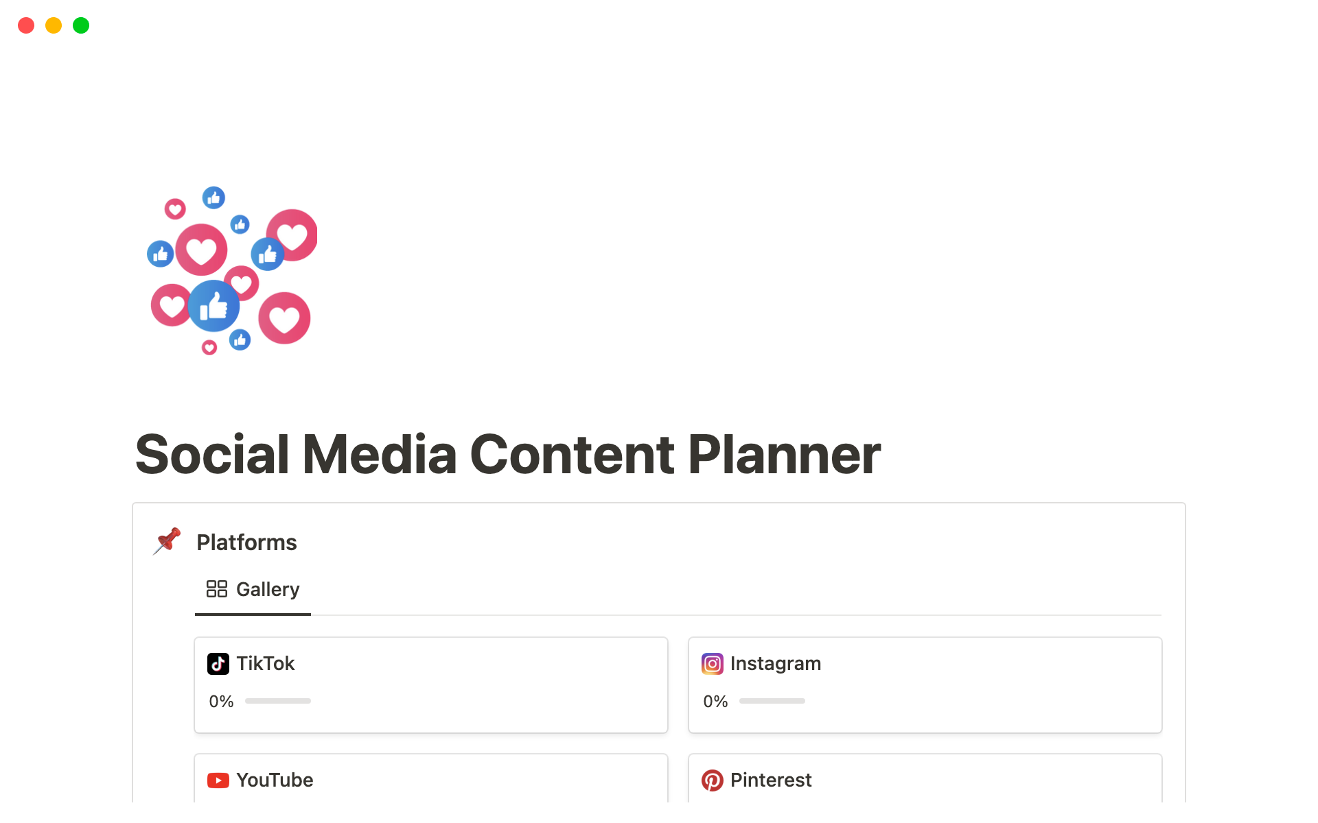 The Social Media Content Planner lets you easily plan and manage your social media content across 8 different platforms (you can easily add more platforms if you want).