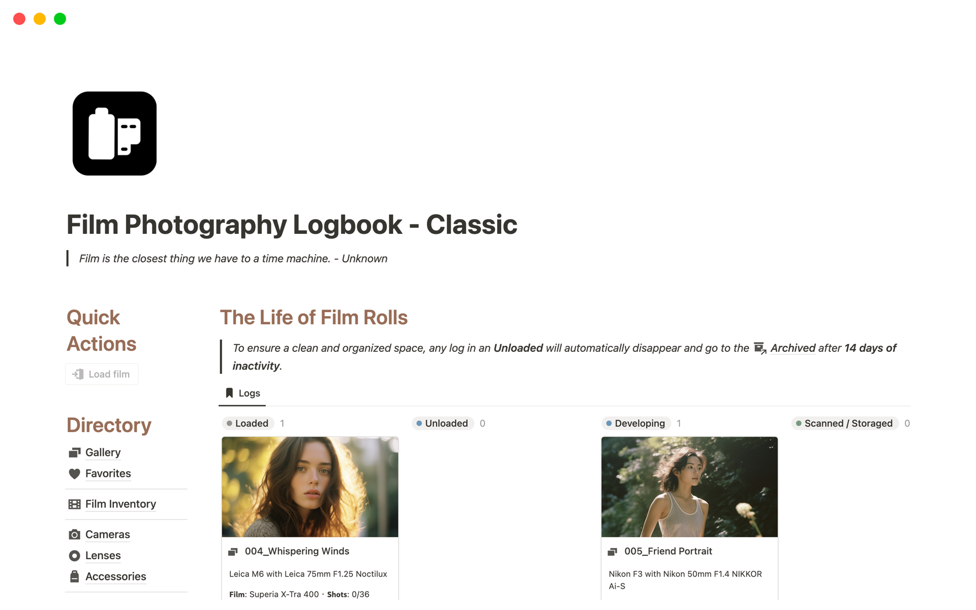 A template preview for Film Photography Logbook - Classic