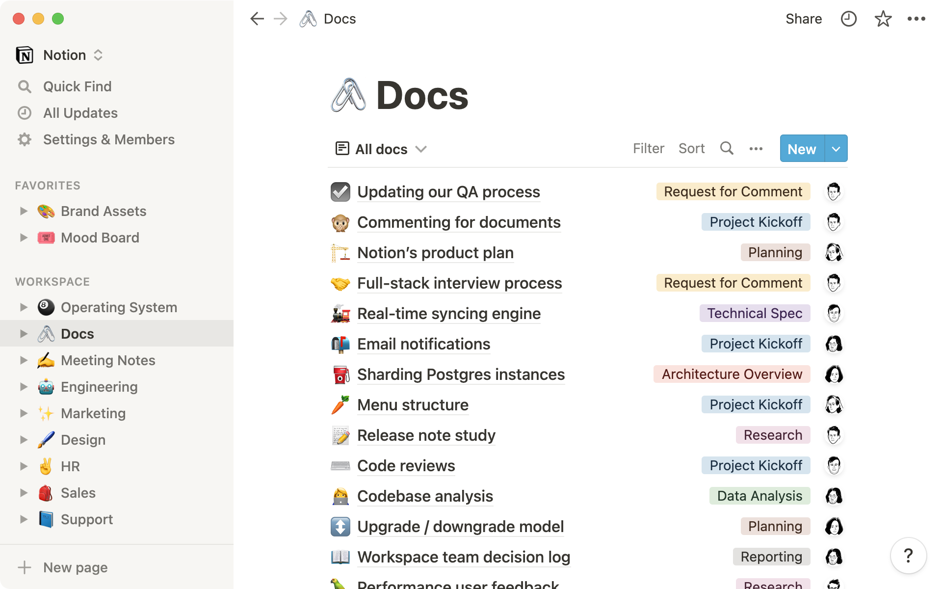 A fictionalized version of Notion’s docs database, where entries are tagged by type.