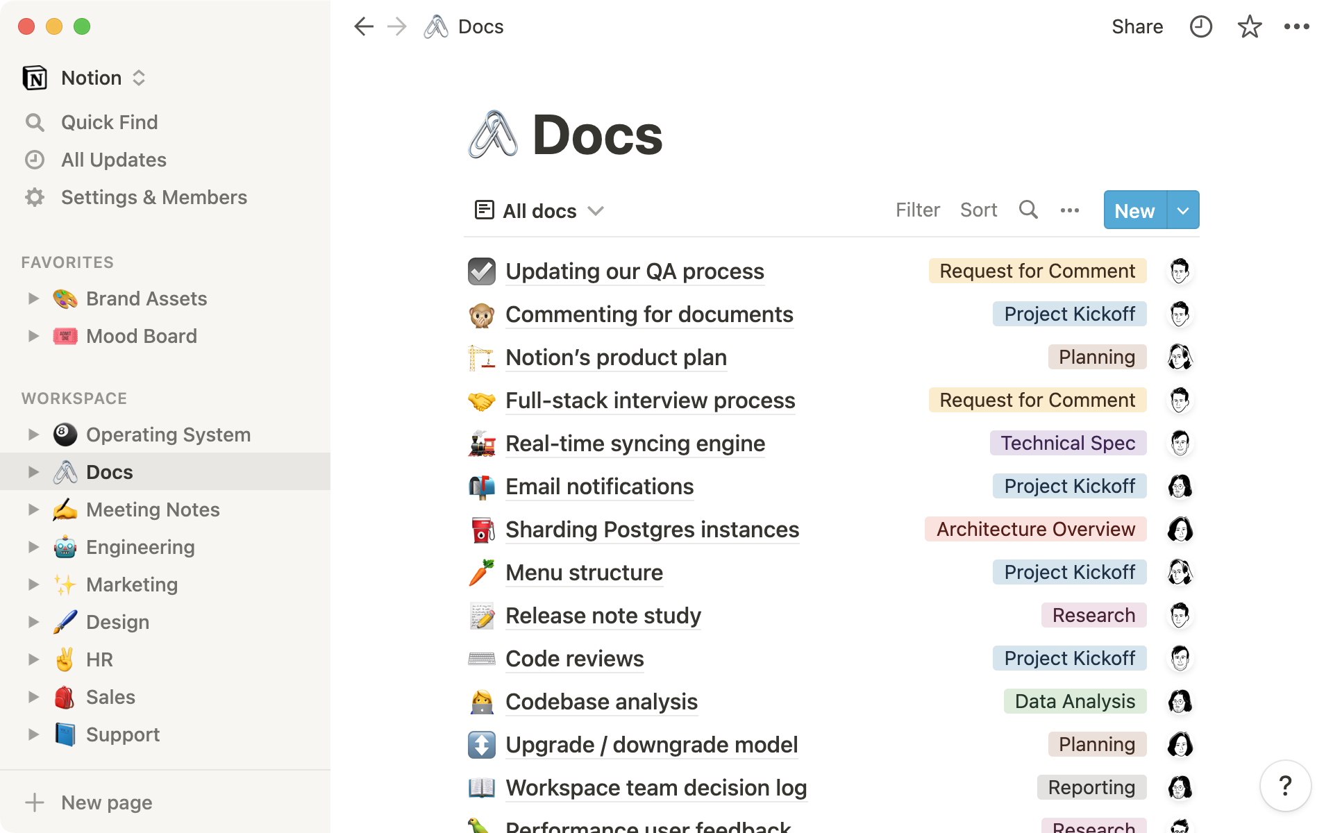 Une version fictive de la base de données Documents de Notion, où les entrées sont étiquetées par type.