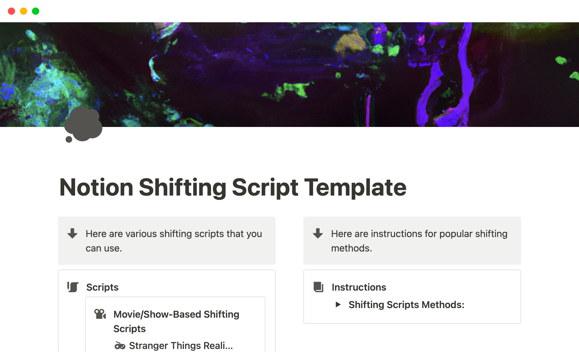 A template preview for Notion Shifting Script Template