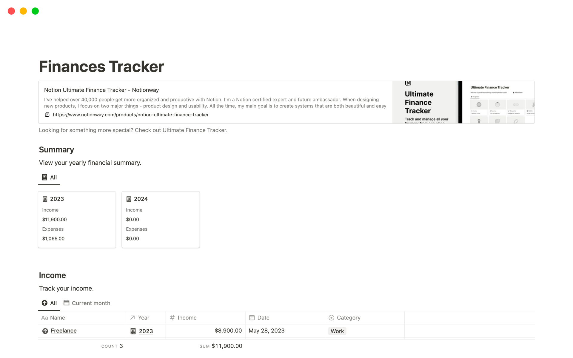 A template preview for Finances Tracker