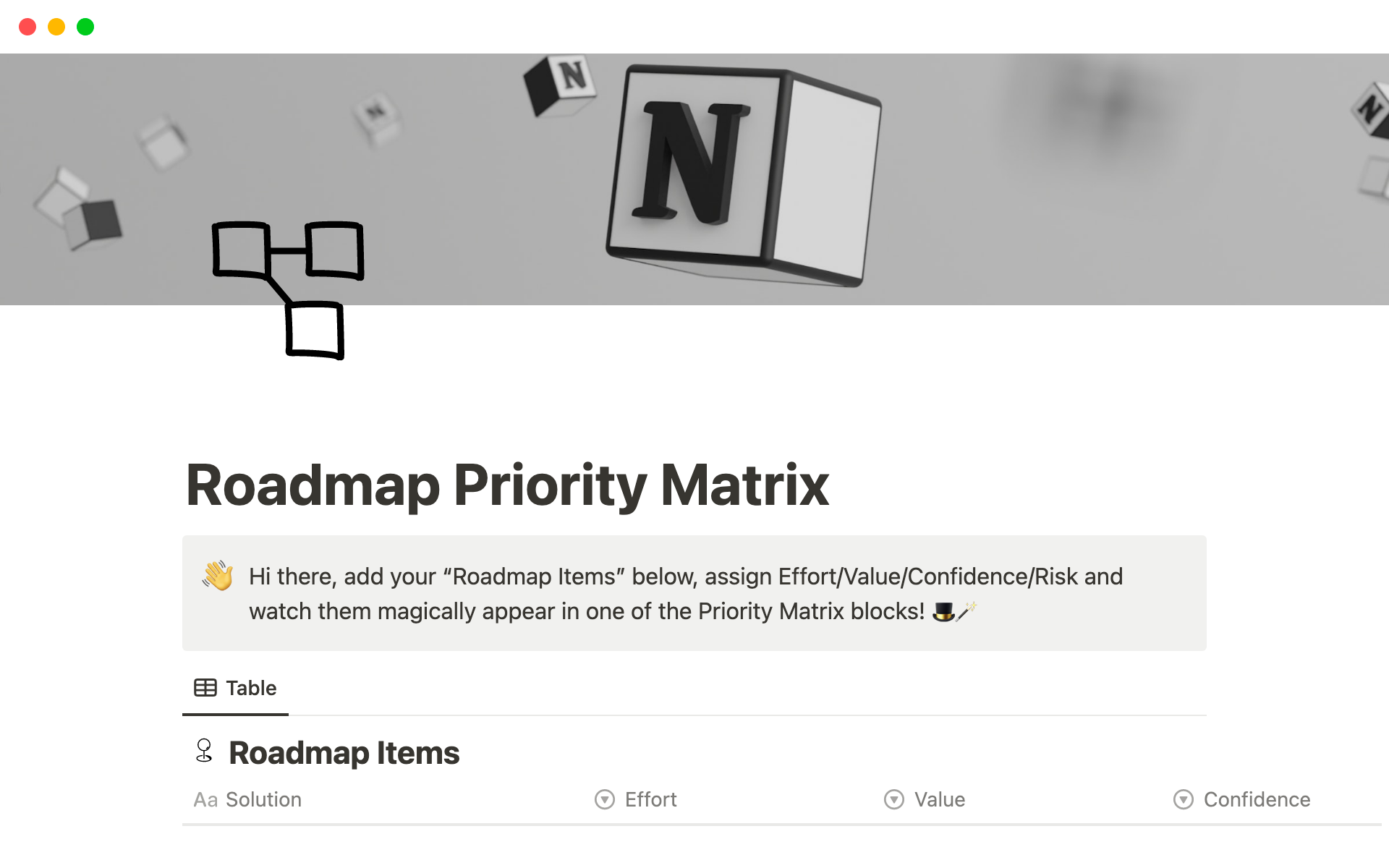 A Roadmap Priority Matrix is a productivity tool that helps you categorize your features and roadmap items based on their Value, Effort, Confidence level, and Risk Level.