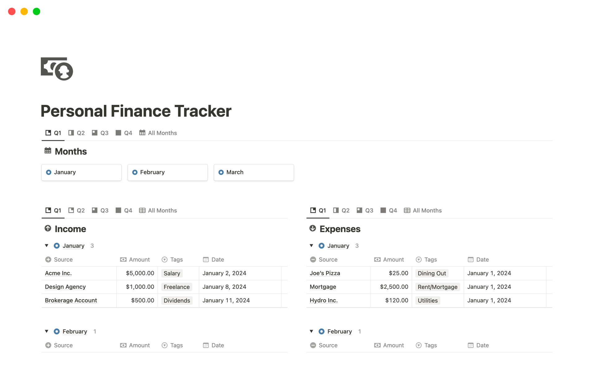 Eine Vorlagenvorschau für Personal Finance Tracker with Automations
