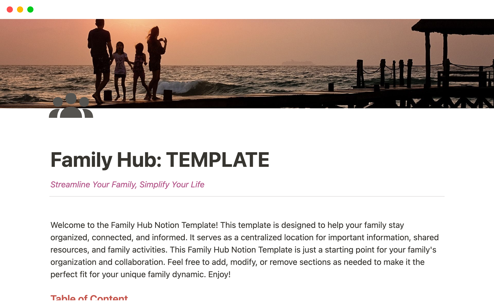 A template preview for Family Hub