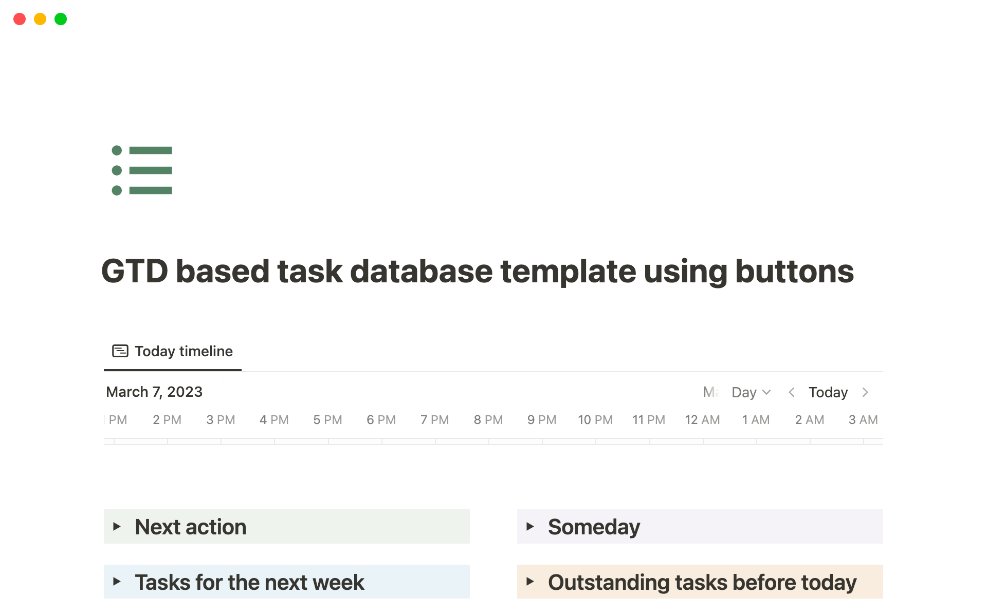 GTD template that utilizes buttons without Notion API.