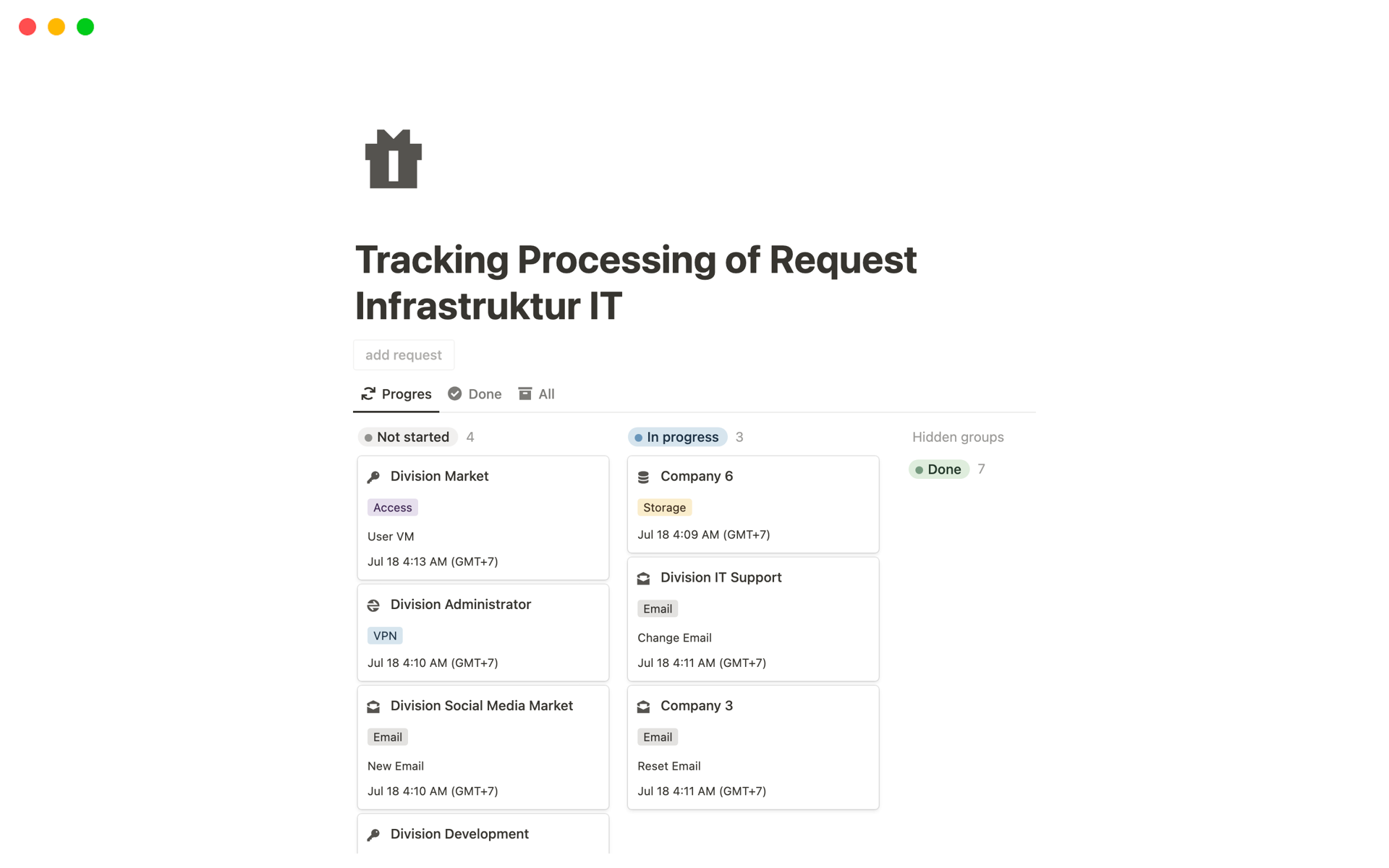A template preview for Tracking Processing of Request Infrastruktur IT