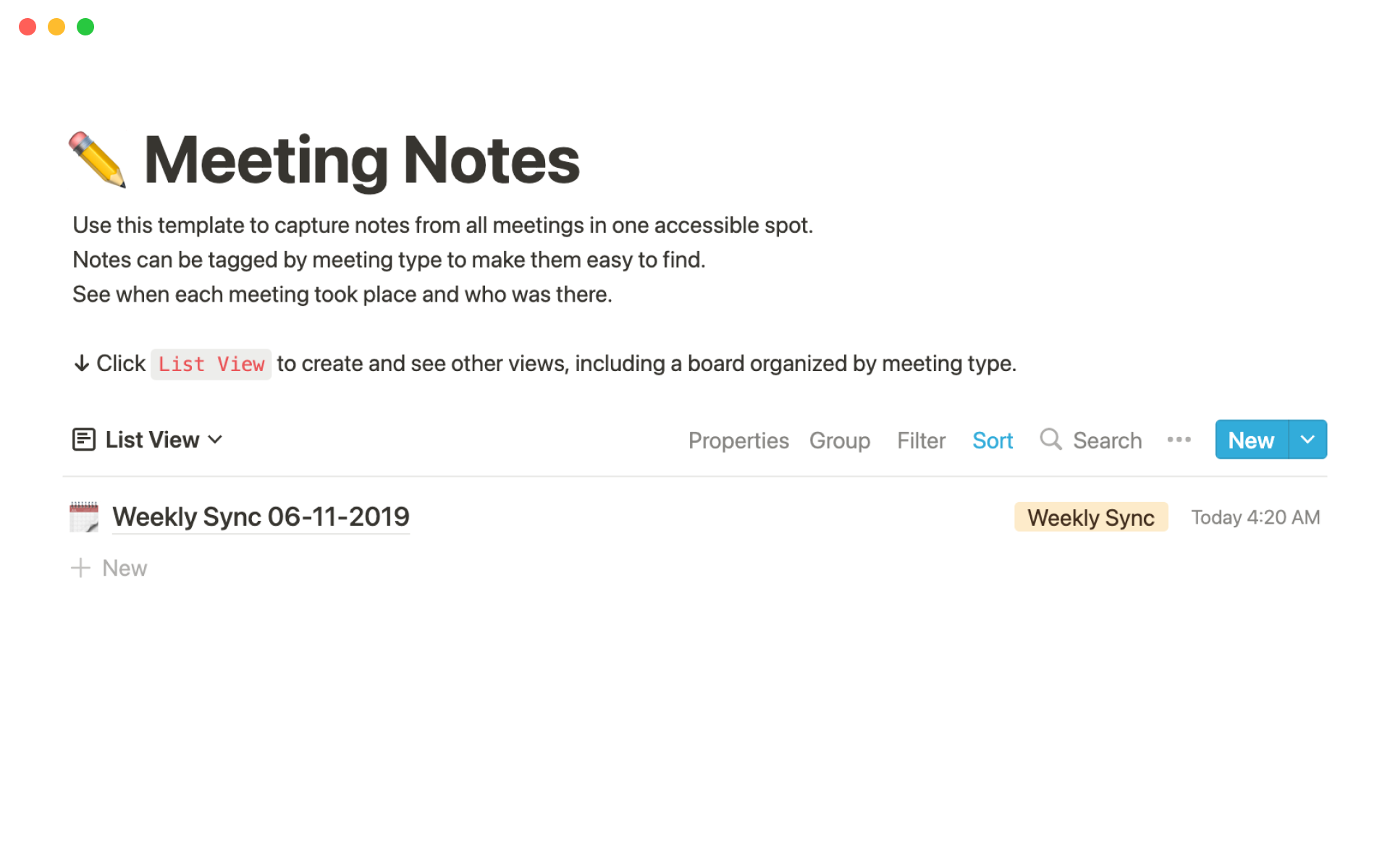 A template preview for Marketing meeting notes
