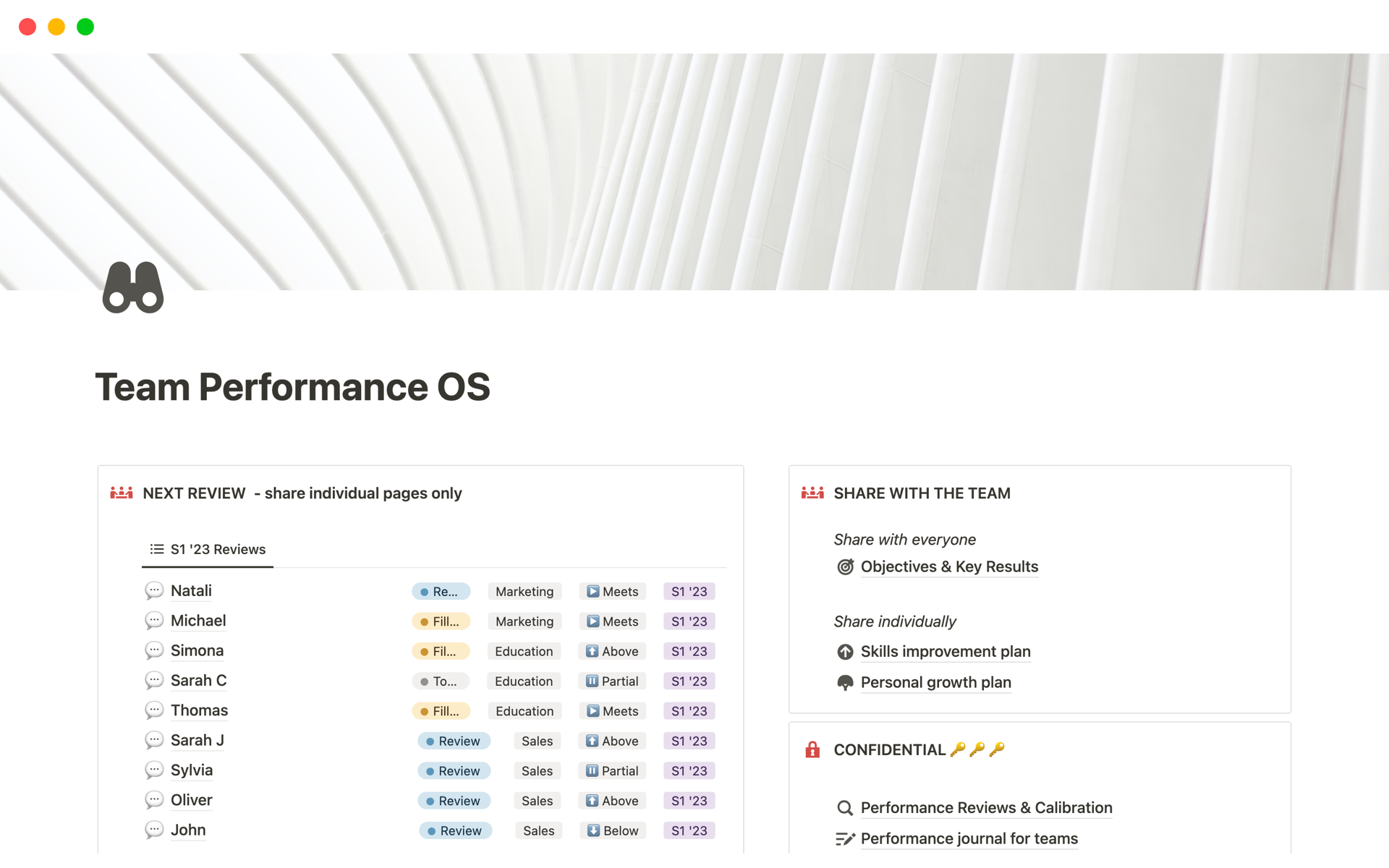 A template preview for Team Performance OS
