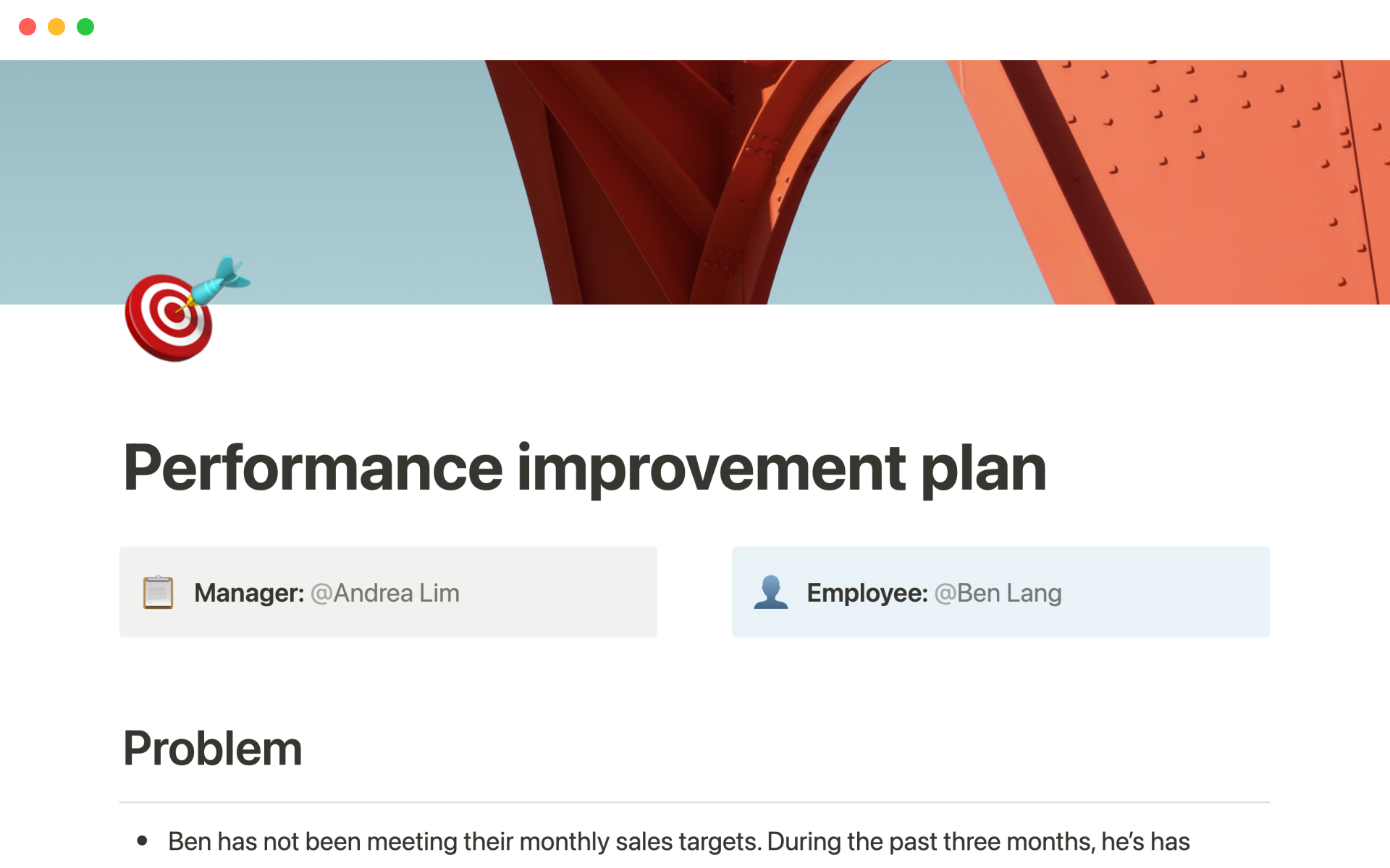 A template preview for Performance improvement plan