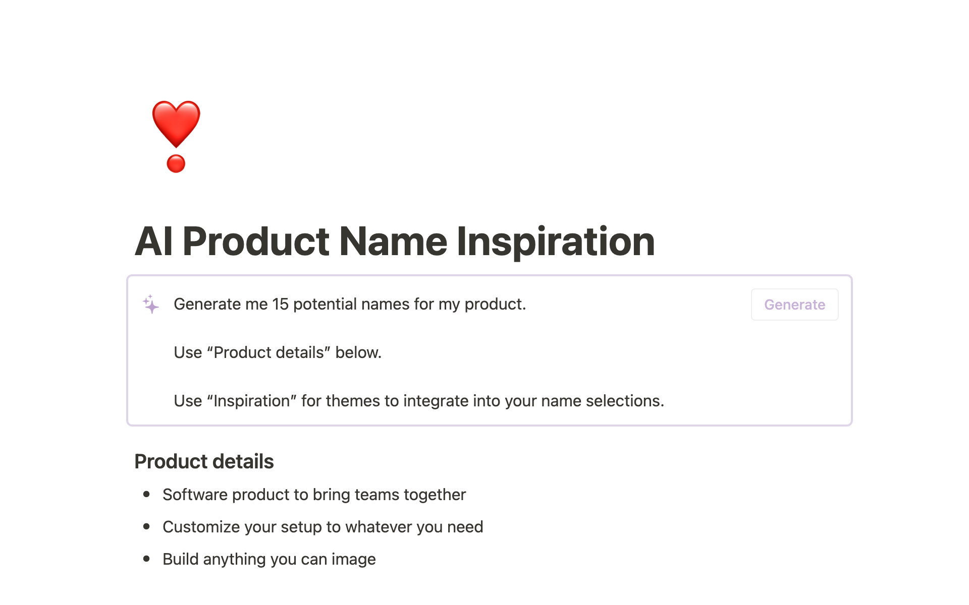 A template preview for AI Product Name Inspiration