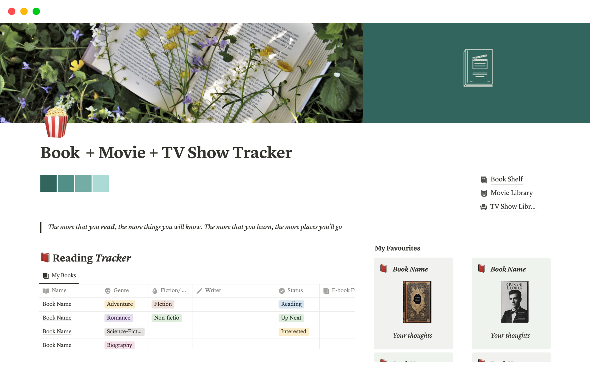 Vista previa de plantilla para Book, Movie, TV Show Tracker