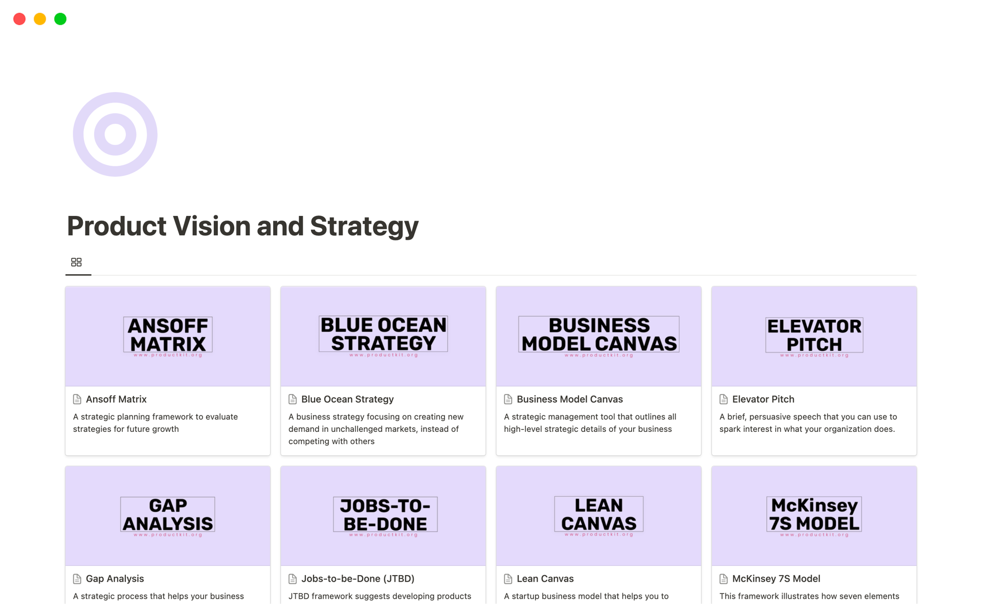 A template preview for Product Vision and Strategy