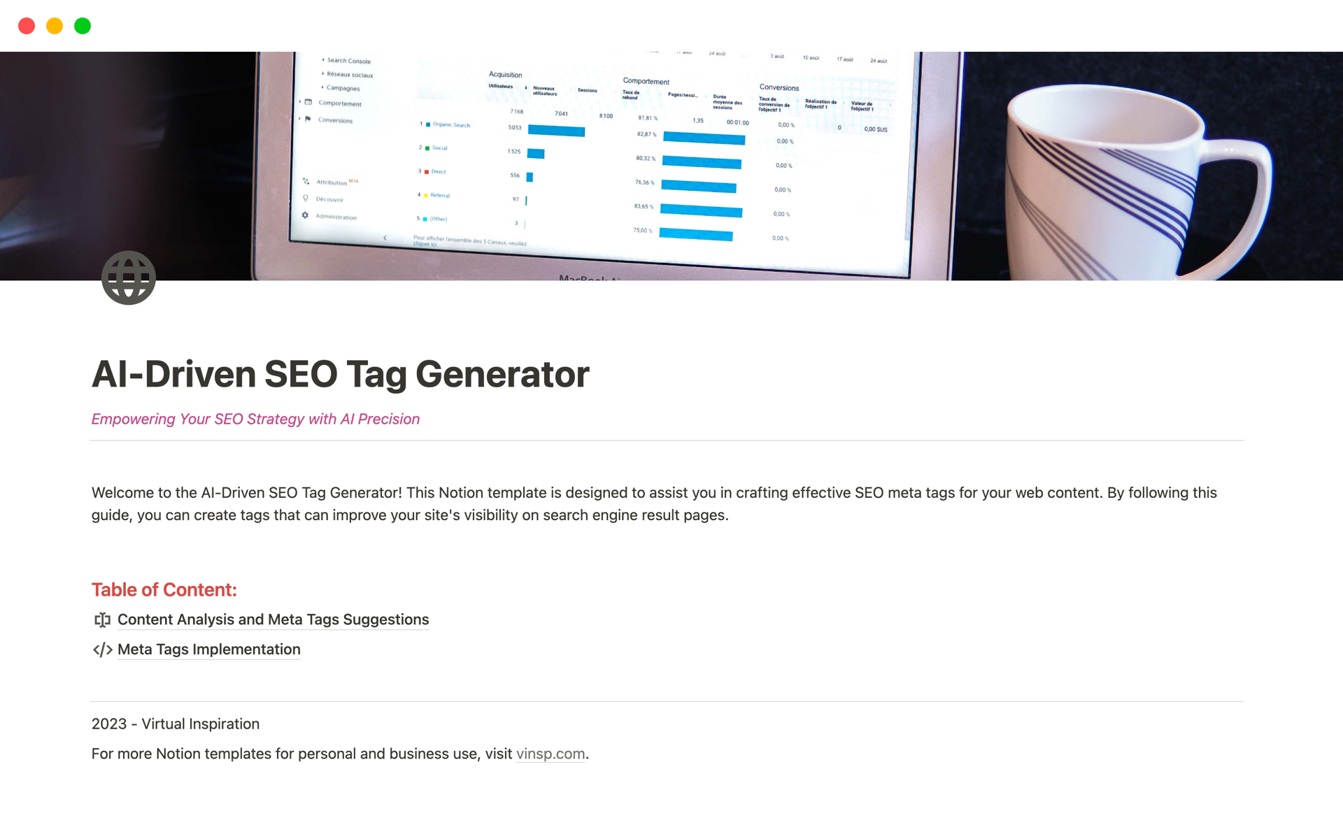 AI-Driven SEO Tag Generator is an intelligent tool that employs AI to optimize your webpage's meta tags, enhancing your SEO strategy and boosting your site's visibility in search engine results.