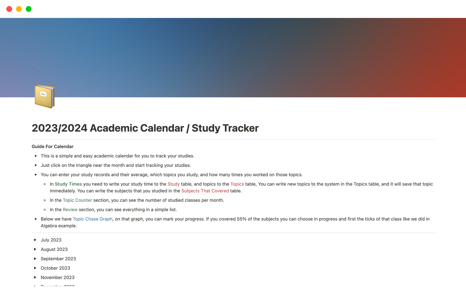 A template preview for 2023/2024 Academic Calendar / Study Tracker