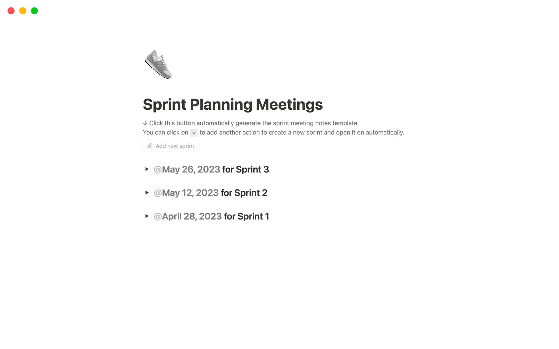 A template preview for Sprint Planning Meeting