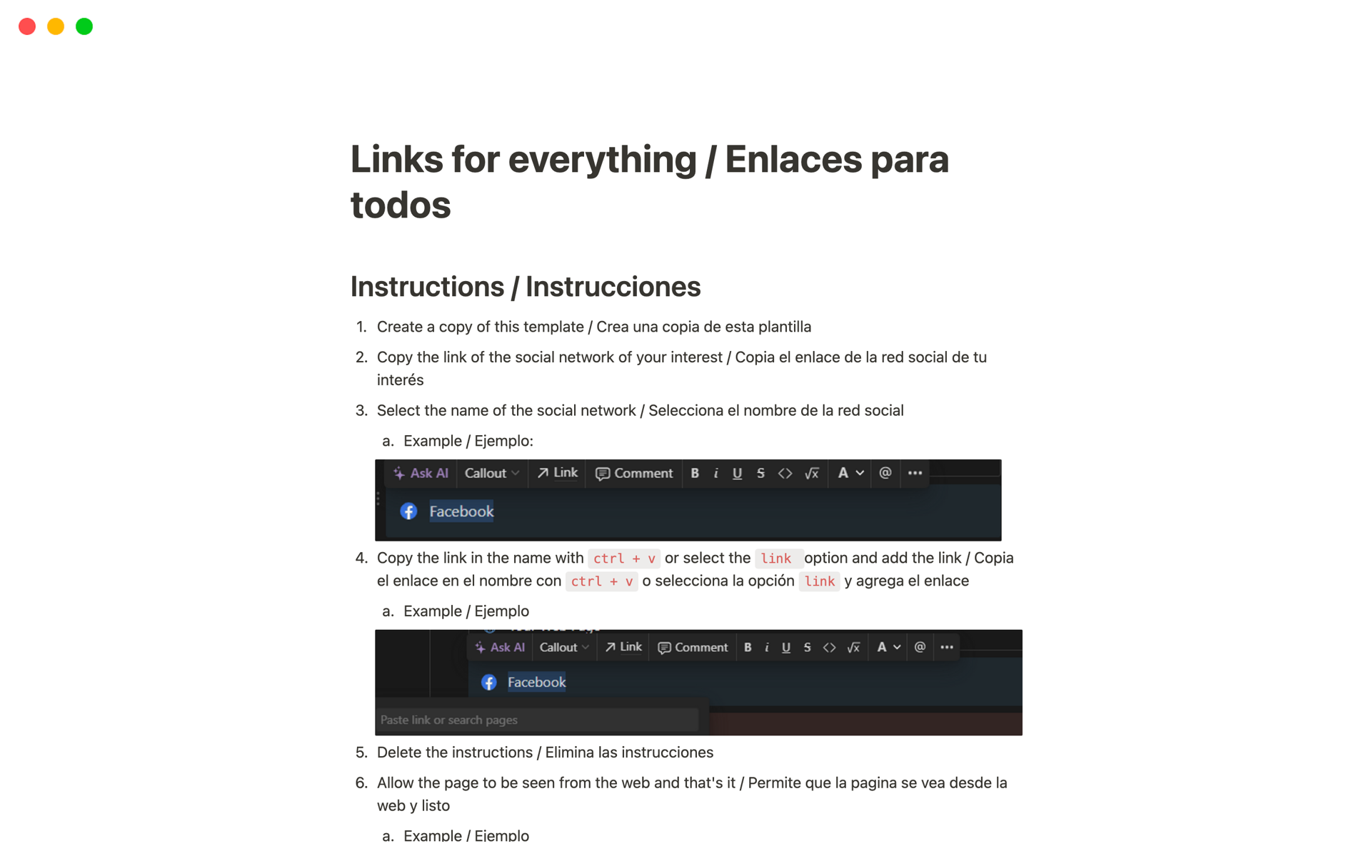 A template preview for Links for everything / Enlaces para todos