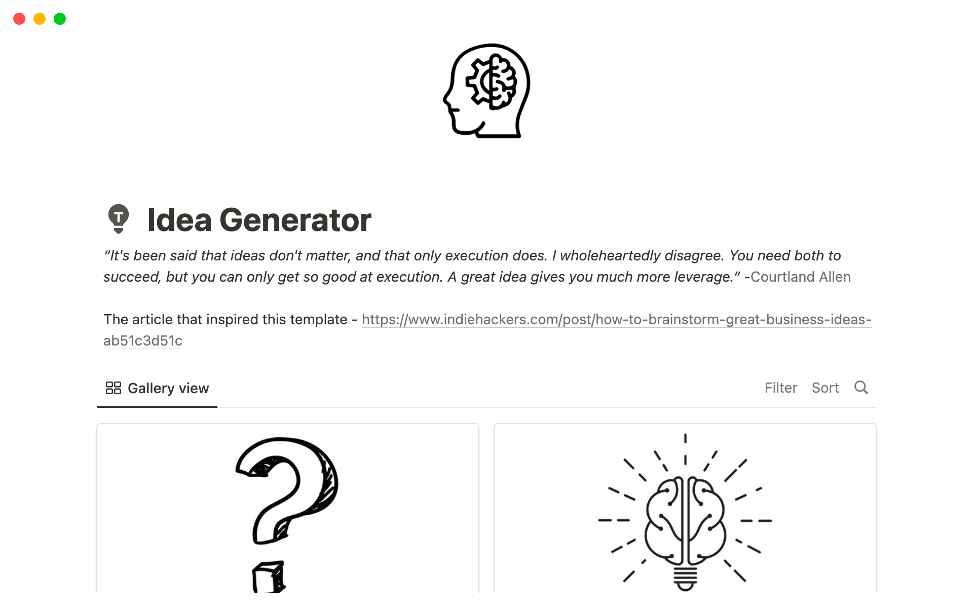 A template preview for Product and Content Idea Generator
